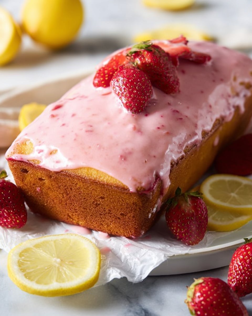 Whole rectangular lemon pound cake on a white serving platter, generously topped with thick, smooth pink strawberry-lemon glaze featuring visible strawberry bits, surrounded by fresh whole strawberries and lemon wedges for garnish, photographed at a 3/4 angle on a white marble countertop with natural lighting, styled as a professional food magazine hero shot, photo taken with an iphone --ar 4:5 --v 7