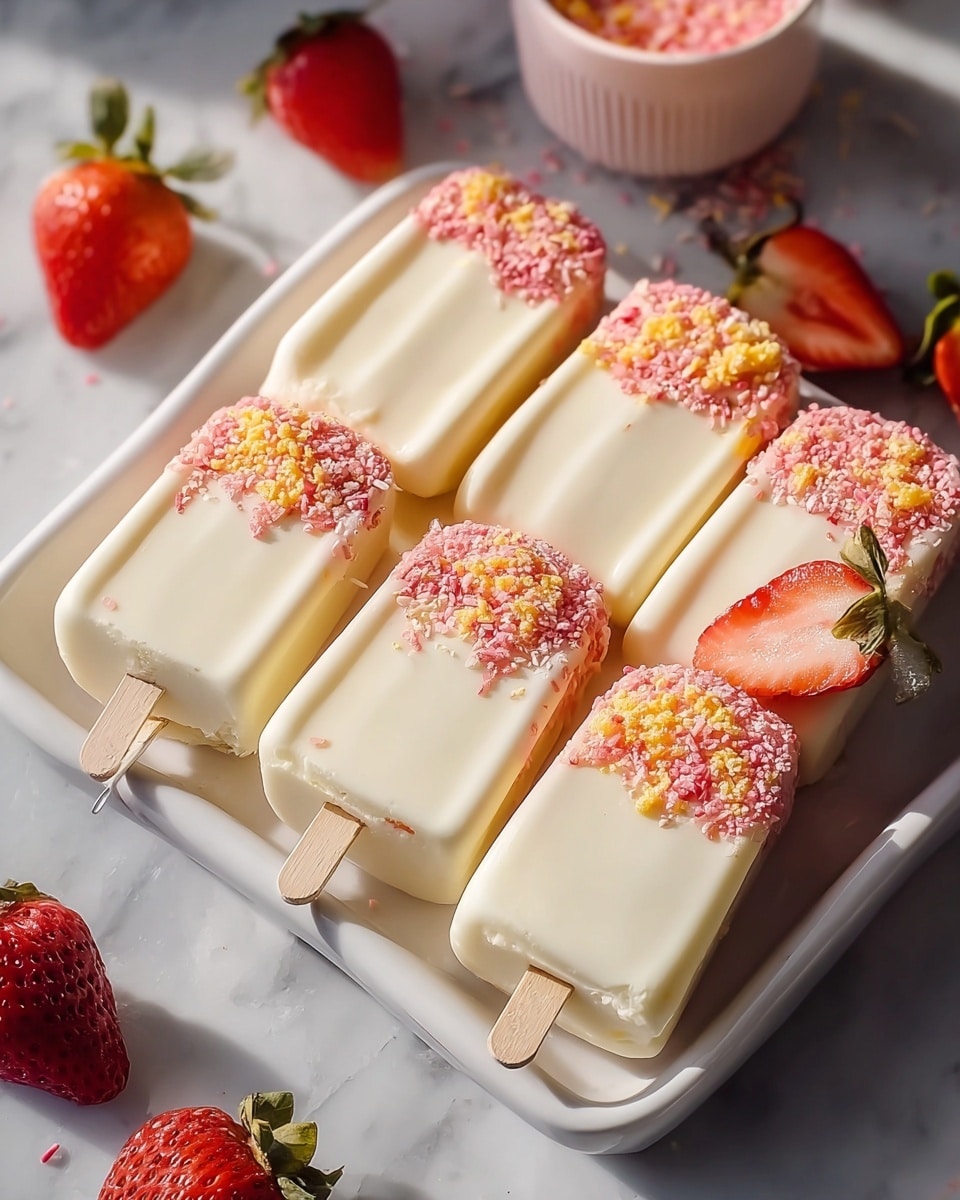 A white rectangular platter holding a full batch of creamy white chocolate-coated ice cream bars neatly arranged side by side, each topped with a vibrant cluster of pink and yellow sugar crystals, surrounded by scattered fresh whole and halved strawberries, captured from a professional 3/4 angle on a white marble surface with natural lighting, styled as a hero shot for a food magazine, photo taken with an iphone --ar 4:5 --v 7