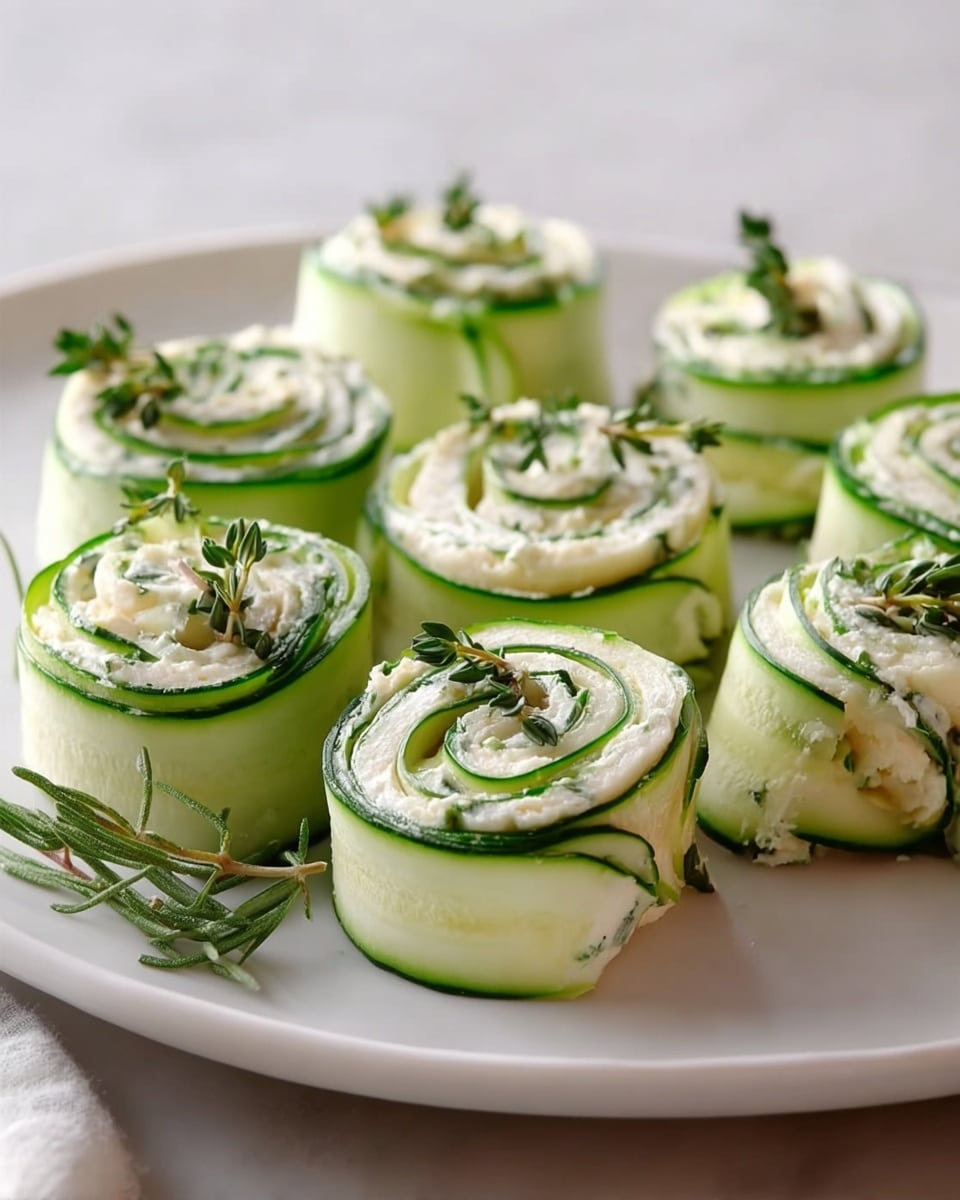 A large white serving platter displaying the complete arrangement of fresh cucumber and cream cheese pinwheel rolls, meticulously layered with thinly sliced cucumber spirals enveloping a smooth, creamy cheese filling, garnished with sprigs of fresh herbs, all presented on a white marble surface under natural light, photographed from a professional 3/4 angle to showcase the entire dish in its whole, inviting form, photo taken with an iphone --ar 4:5 --v 7