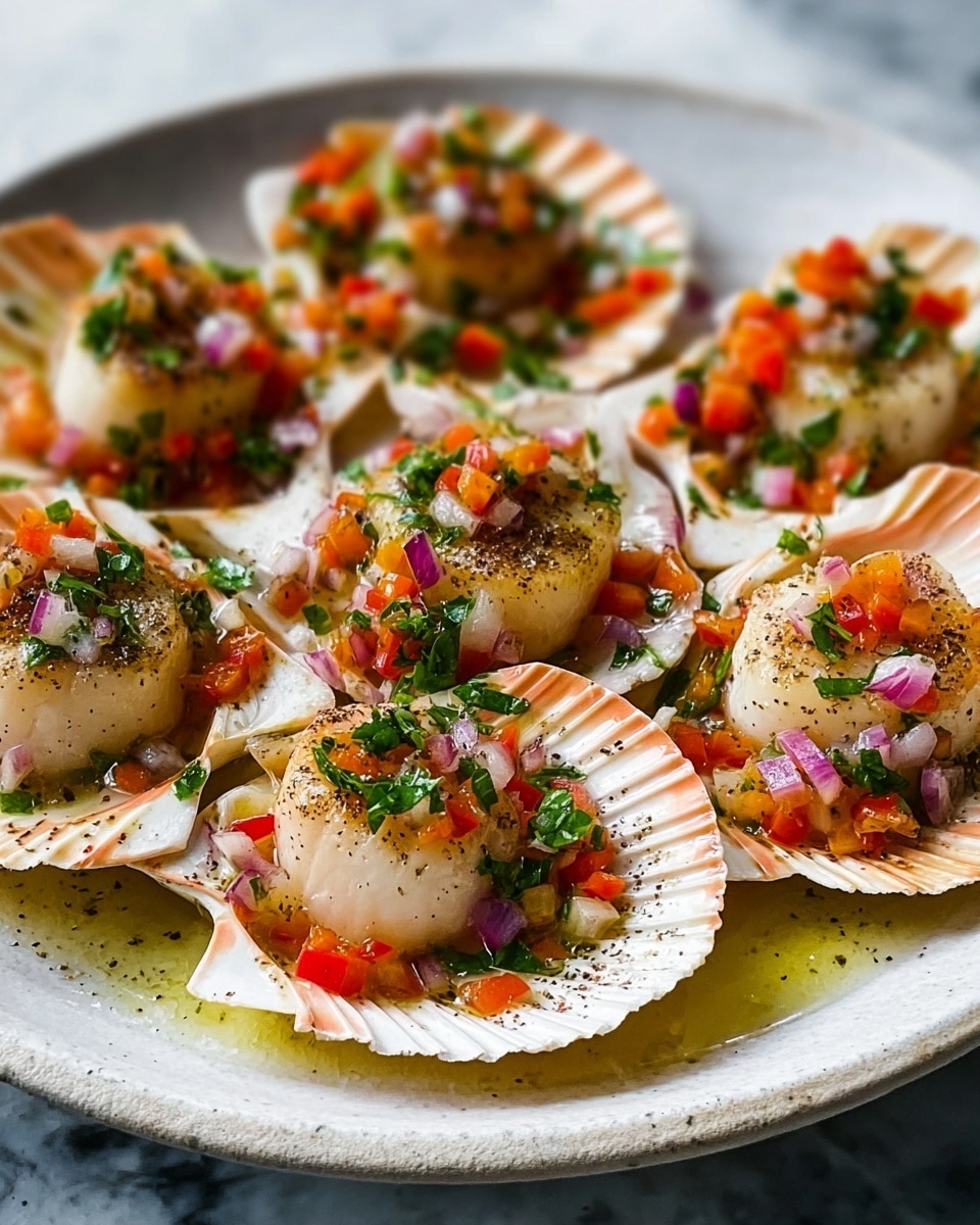 Large white serving platter arranged with an impressive full dozen of scallops in their shells, each topped with a vibrant medley of finely diced red bell peppers, red onions, and fresh parsley, all glistening in a light drizzle of herb-infused olive oil and freshly ground black pepper, the entire dish captured from a 3/4 angle against a white marble background with natural lighting, presented as a hero shot for a food magazine, photo taken with an iphone --ar 4:5 --v 7