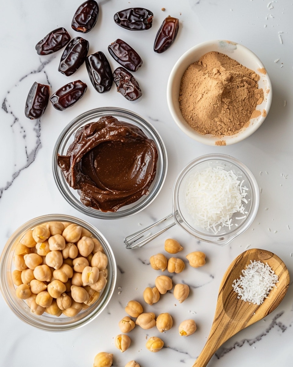 Single white plate featuring one chocolate energy ball coated in shredded coconut flakes, close-up view highlighting the textured interior with visible peanut or nut pieces embedded inside the dense, fudgy chocolate base, natural lighting illuminating the moist, rich surface and contrasting white coconut crust, set against a white marble background, styled as a ready-to-eat, intimate serving photo taken with an iphone --ar 4:5 --v 7