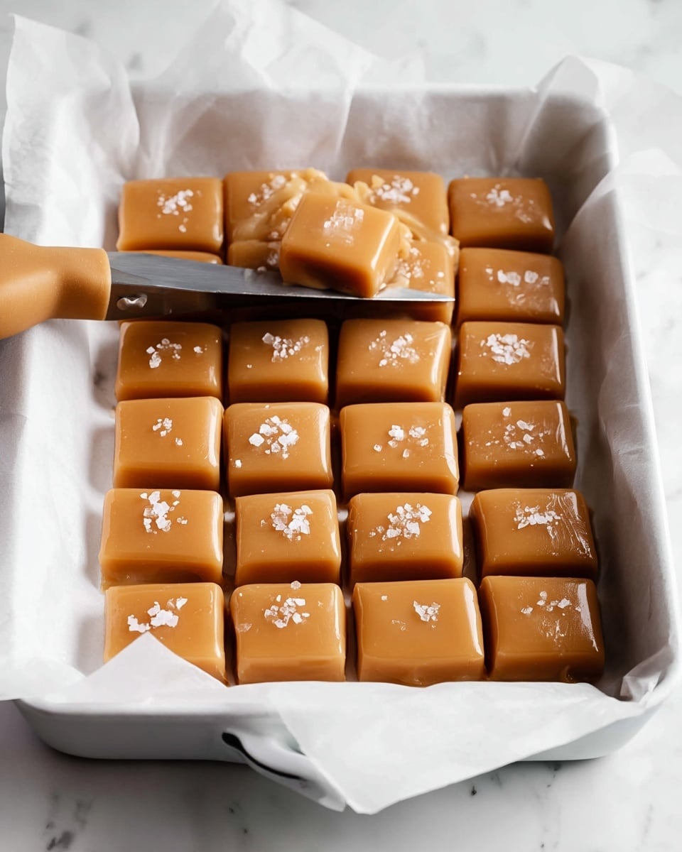 Large white rectangular baking pan filled with an entire batch of smooth, golden caramel candies neatly arranged in even rows on white parchment paper, some sprinkled with coarse sea salt crystals on top, the caramel soft and glossy indicating a freshly made texture, set against a white marble background with natural light highlighting the sheen and texture of the confections, professional food styling photo taken with an iphone --ar 4:5 --v 7