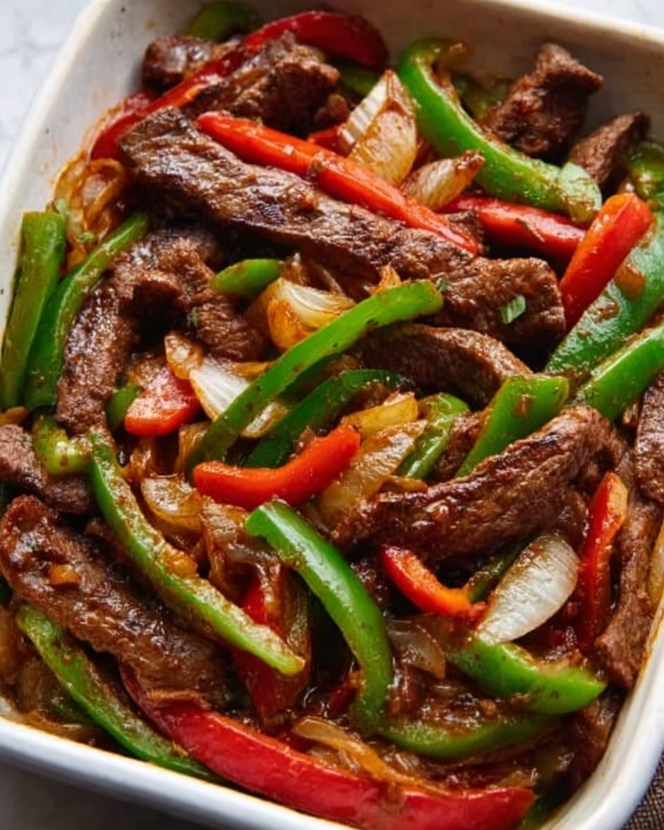 Large white rectangular baking dish filled with sizzling beef fajitas, featuring juicy strips of tender marinated beef combined with vibrant sautéed green and red bell peppers and caramelized onions, arranged evenly throughout, showcasing a colorful and appetizing presentation, shot from a 3/4 angle on a white marble countertop with natural lighting, styled as a hero food magazine image, photo taken with an iphone --ar 4:5 --v 7