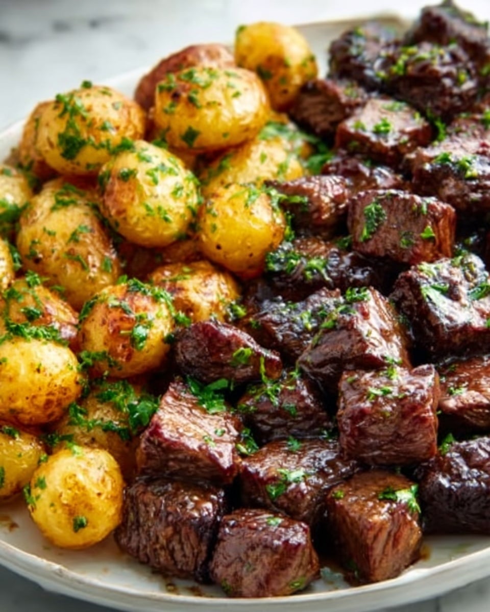 Large white serving platter filled with a generous portion of glazed, perfectly seared beef cubes alongside golden roasted baby potatoes sprinkled with fresh chopped parsley, the entire dish glistening under natural light, presented in a professional food styling setup on a white marble countertop, captured from a slight 3/4 angle to showcase the full spread, photo taken with an iphone --ar 4:5 --v 7