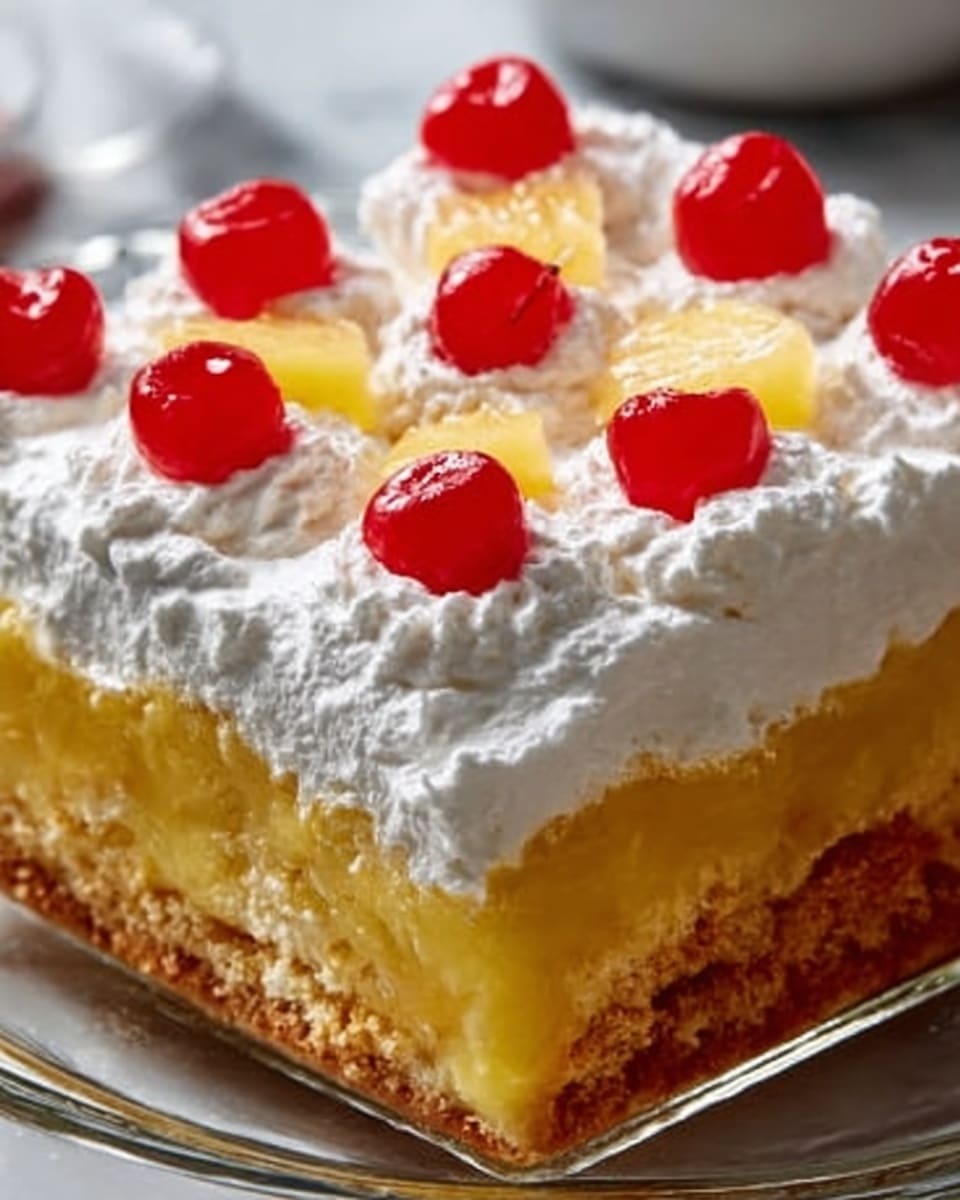 A full square glass baking dish filled with a rich lemon pudding dessert topped with a thick layer of fluffy whipped cream, crowned with bright red maraschino cherries evenly spaced across the surface, the entire dessert displaying a golden crust beneath the creamy topping, captured from a 3/4 angle on a pristine white marble background with natural lighting, styled like a professional food magazine hero shot, photo taken with an iphone --ar 4:5 --v 7