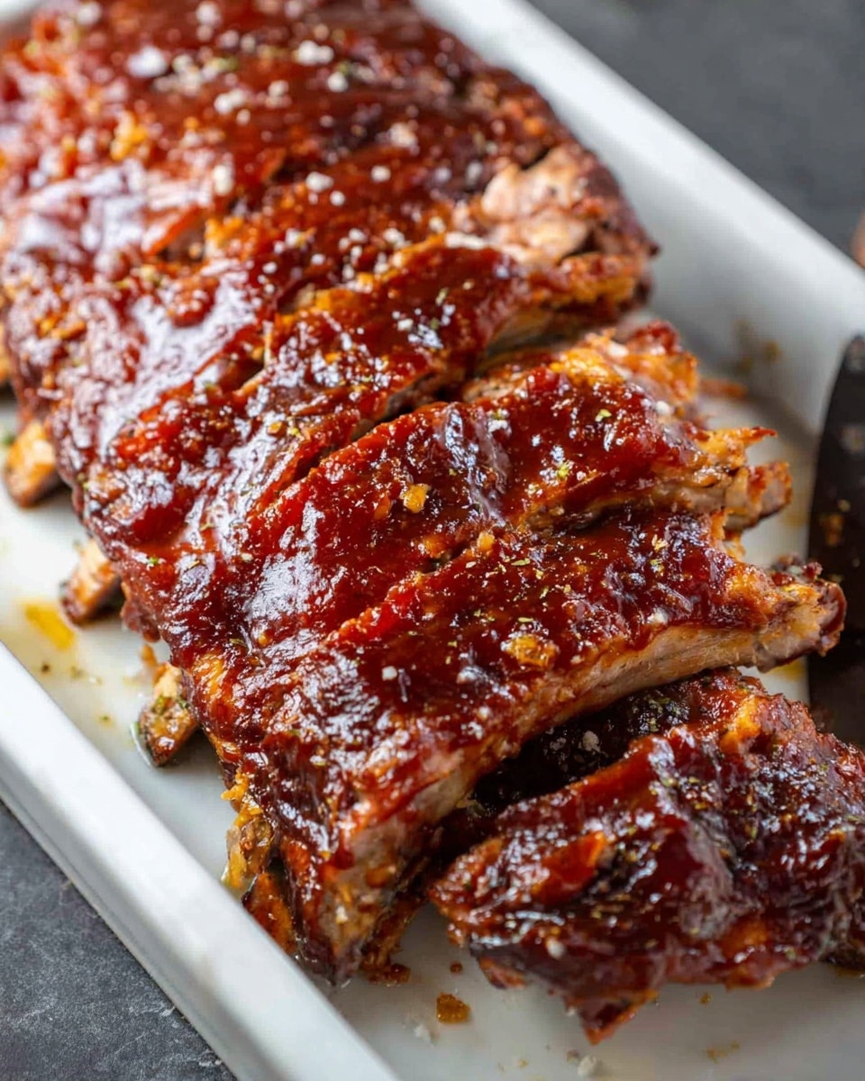 A large white rectangular baking dish filled with a whole rack of barbecued ribs, generously coated in a glossy, rich barbecue sauce, glistening under natural light. The ribs are perfectly cooked, displaying a deep mahogany color with hints of char, and are garnished lightly with coarse sea salt and cracked pepper. The entire rack is presented intact, showcasing the full meatiness and succulent texture, photographed from a 3/4 angle on a white marble countertop, styled for a professional food magazine hero shot. Photo taken with an iphone --ar 4:5 --v 7