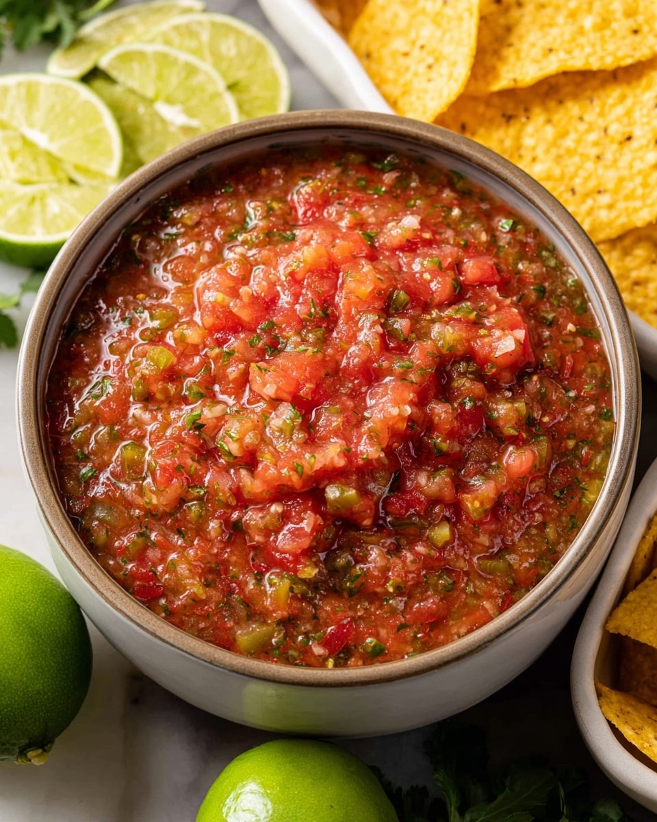 Large white bowl filled with vibrant fresh salsa made from finely blended tomatoes, onions, jalapeños, and cilantro, showcasing a chunky texture with visible bits of fresh herbs and peppers, served alongside thinly sliced lime rounds on a white marble countertop, surrounded by golden tortilla chips arranged neatly in a separate white dish, natural daylight highlighting the freshness and colors, professional food magazine style hero shot, photo taken with an iphone --ar 4:5 --v 7