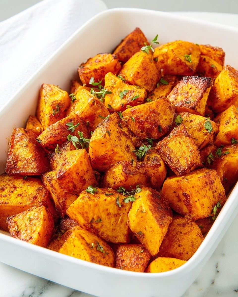 Large white rectangular baking dish filled with golden roasted sweet potato chunks, perfectly crisped on the edges with a rich blend of smoky paprika and seasoning, gently garnished with fresh green herbs, photographed from a 3/4 angle on a white marble countertop with natural lighting, professional food styling photo taken with an iphone --ar 4:5 --v 7