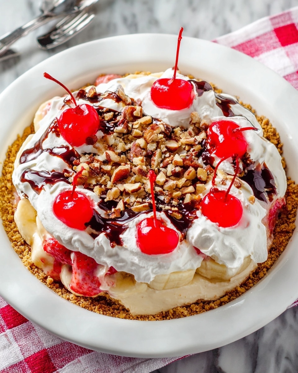 A whole classic banana split dessert presented in a round white dish, featuring a thick crumbly graham cracker crust filled with layers of creamy banana custard, fresh banana slices, diced strawberries, and a generous topping of fluffy whipped cream. The entire dessert is beautifully drizzled with rich chocolate syrup and sprinkled with crunchy chopped pecans, crowned with vibrant maraschino cherries evenly spaced on top. The scene is captured from a slightly angled overhead perspective on a white marble countertop, bathed in natural light, styled like a hero shot from a premium food magazine, photo taken with an iphone --ar 4:5 --v 7