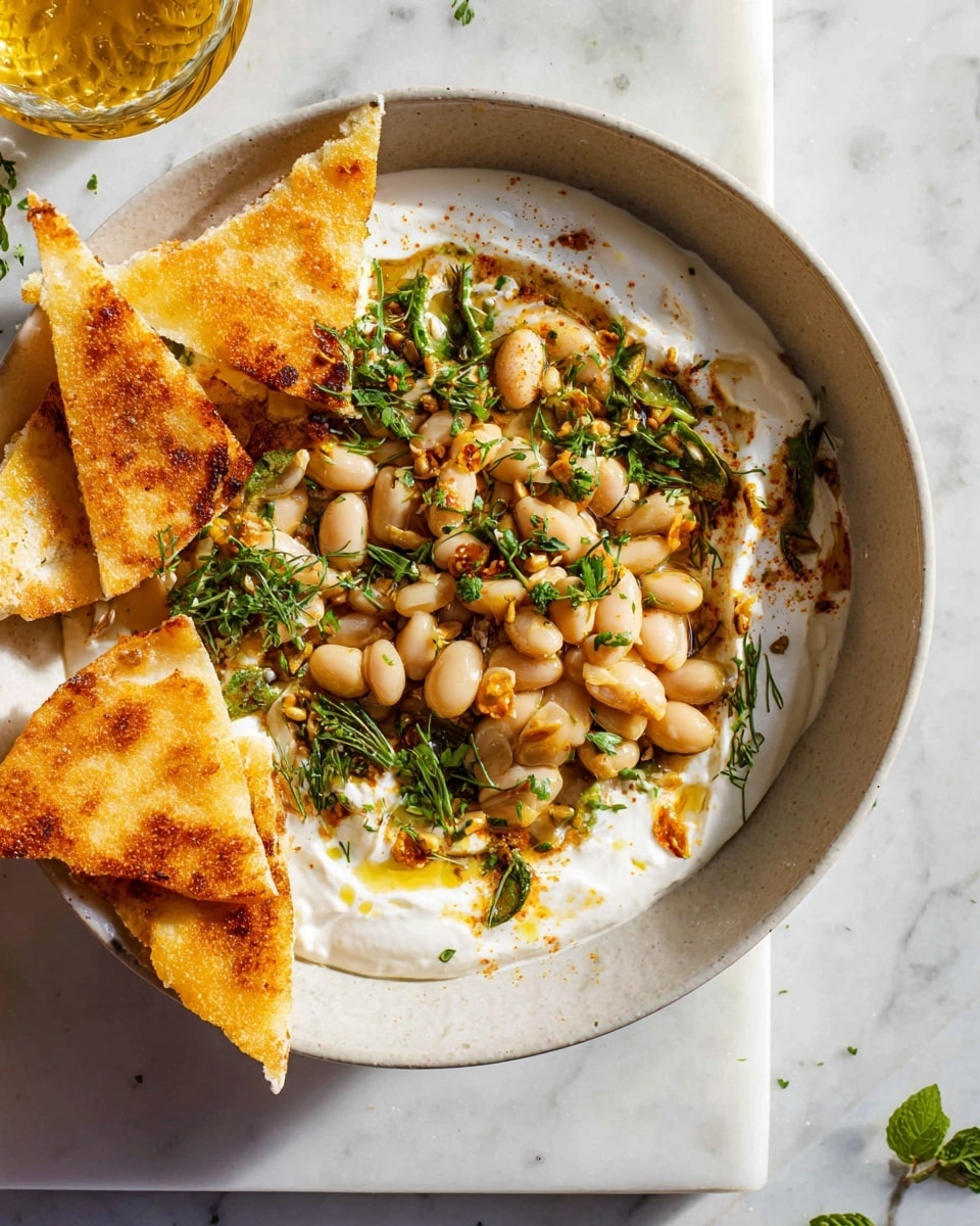 Large white bowl filled with creamy yogurt topped generously with whole cooked white beans seasoned with fresh herbs and spices, accompanied by multiple crispy golden pita bread triangles arranged neatly on the side, the whole dish presented on a white marble countertop with natural lighting, styled as a professional hero food shot taken with an iphone --ar 4:5 --v 7