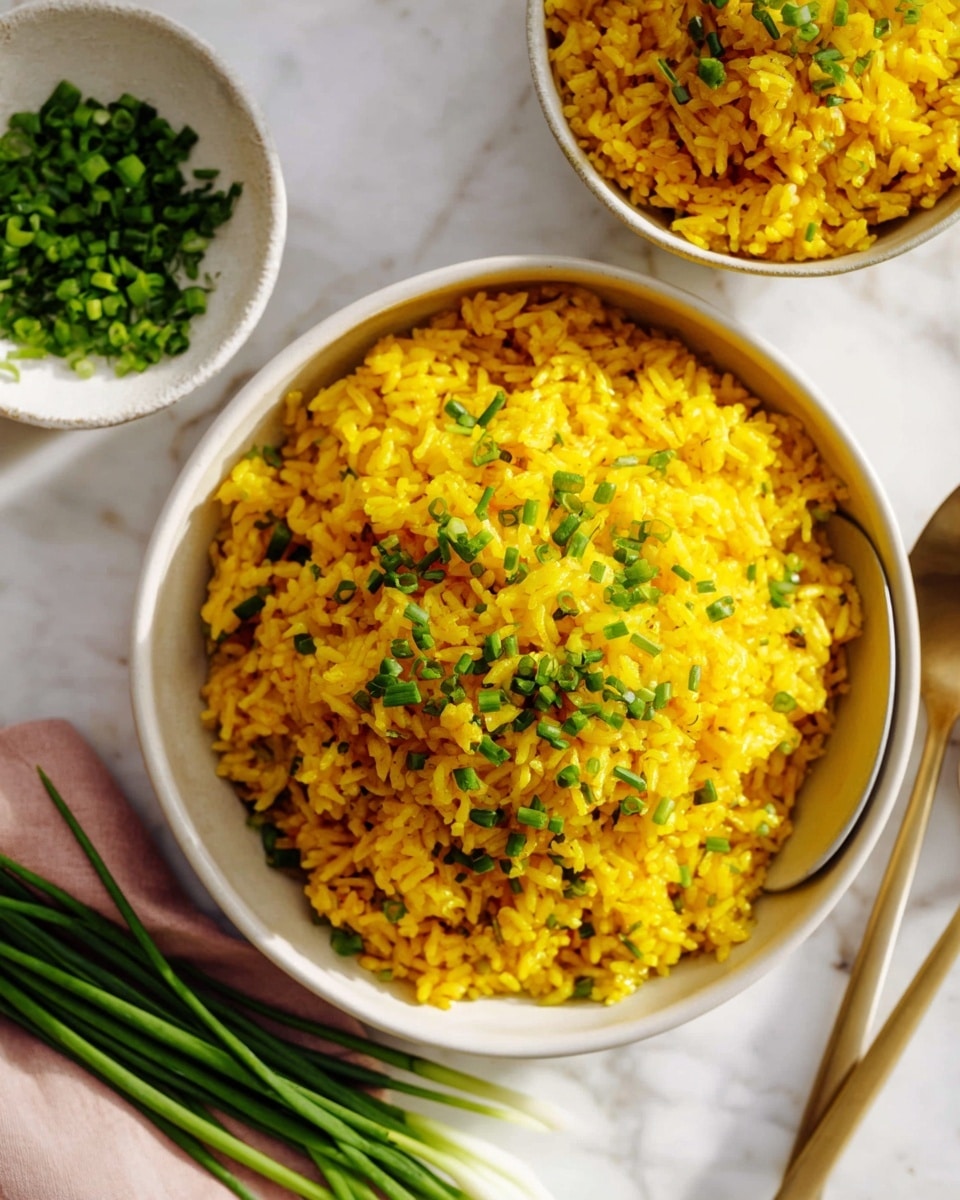 Large white bowl filled with vibrant yellow seasoned rice garnished with finely chopped fresh green chives, accompanied by a matching bowl of seasoned rice and a small white dish holding fresh whole chives, all arranged on a pristine white marble surface with natural lighting, photographed at a professional 3/4 angle like a food magazine hero shot, whole dish in full frame, photo taken with an iphone --ar 4:5 --v 7