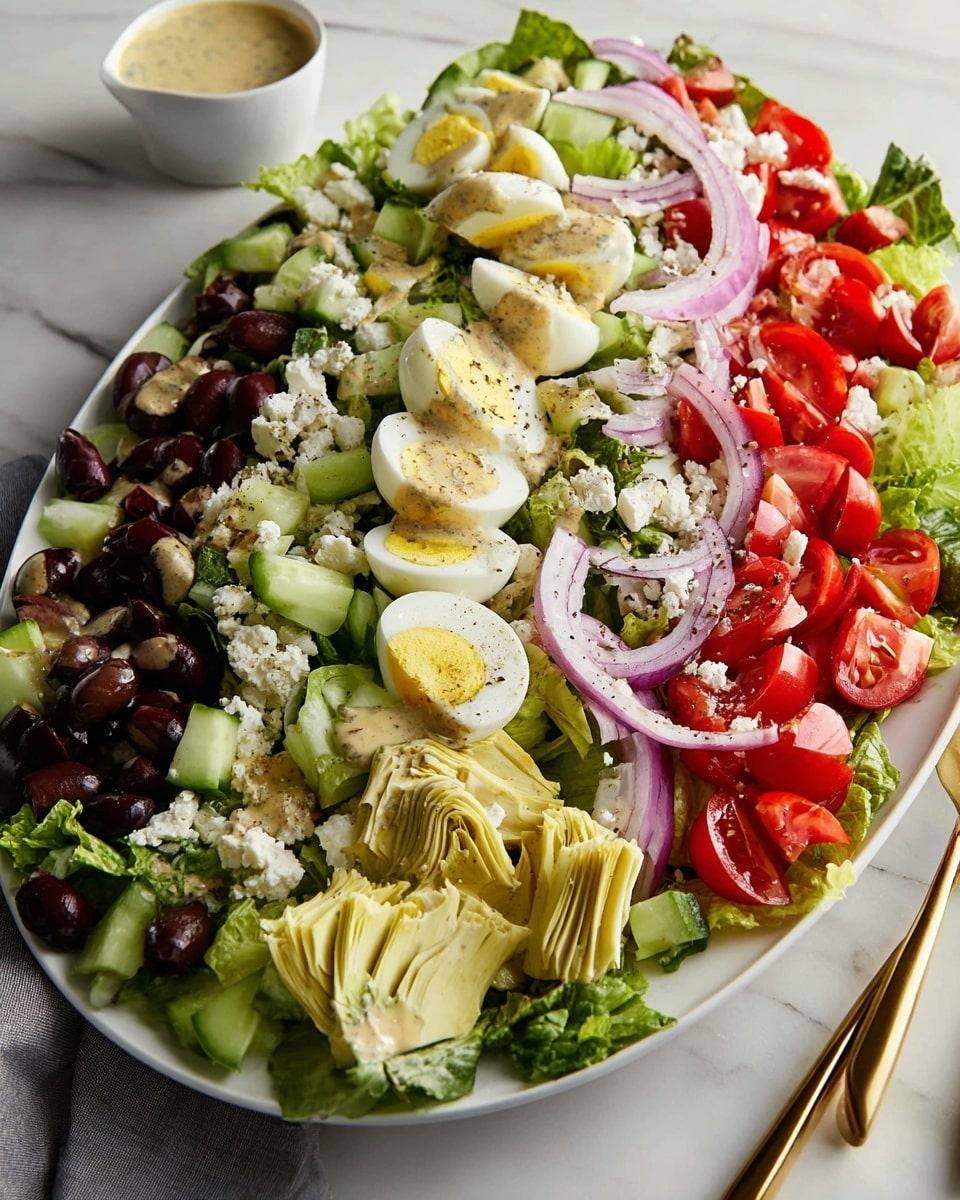 Large white oval platter overflowing with a complete Cobb salad featuring neatly arranged rows of crisp romaine lettuce, halved cherry tomatoes, sliced cucumbers, Kalamata olives, crumbled feta cheese, quartered hard-boiled eggs, thinly sliced red onions, artichoke hearts, and ripe avocado slices, all lightly drizzled with creamy peppered dressing, served alongside a small white bowl of extra dressing, set on a white marble countertop with natural lighting, styled like a hero shot from a food magazine, photo taken with an iphone --ar 4:5 --v 7