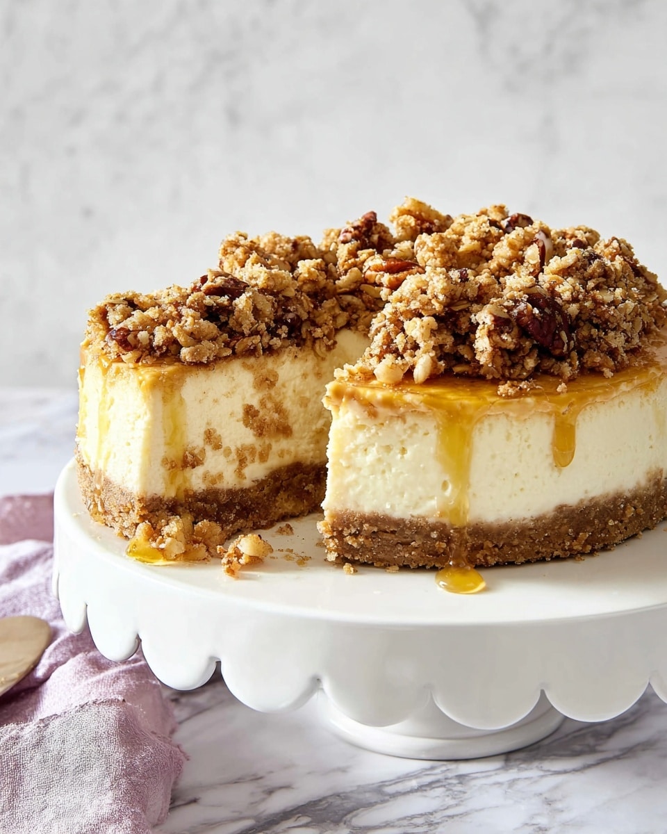 Whole uncut cheesecake on a white scalloped cake stand, featuring a creamy dense filling with a thick graham cracker crust, generously topped with a golden, crunchy oat and nut crumble drizzled with honey, presented as a complete dessert, photographed from a 3/4 angle on a white marble countertop with natural lighting, styled like a hero shot from a food magazine, photo taken with an iphone --ar 4:5 --v 7
