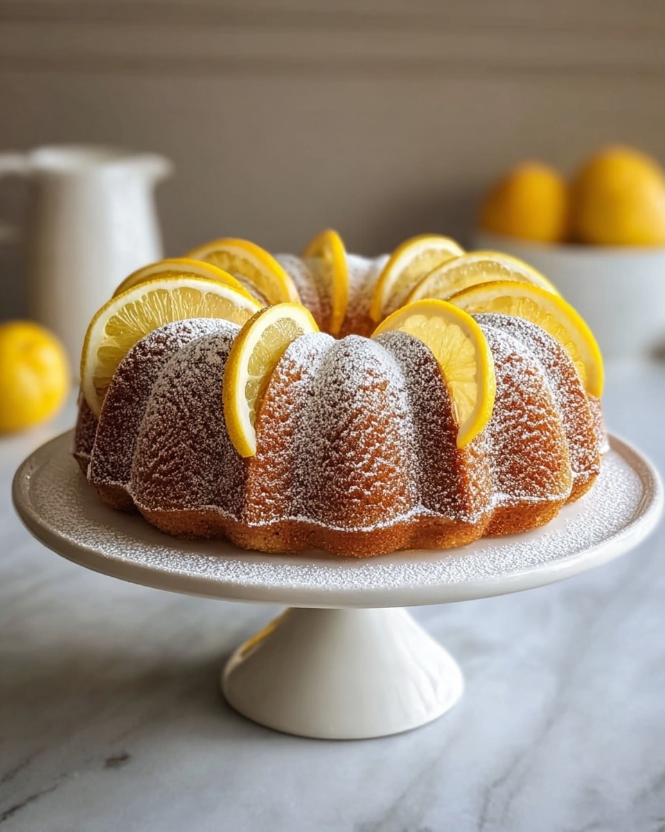 Whole lemon bundt cake on a large white cake stand, perfectly baked with a golden crust and dusted with powdered sugar, decorated elegantly with thin lemon slices tucked evenly into the ridges of the cake, set on a white marble countertop under soft natural lighting, professional food styling, hero shot from a 3/4 angle, photo taken with an iphone --ar 4:5 --v 7