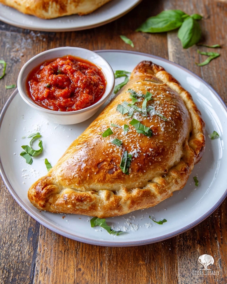 Large white plate showcasing a whole golden-brown calzone with a shiny, perfectly baked crust, sprinkled lightly with grated cheese and garnished with fresh basil leaves, accompanied by a small white bowl filled to the brim with chunky red marinara sauce, all set on a rustic wooden table with natural lighting, photographed from a professional 3/4 angle on a white marble background, hero shot for a food magazine, photo taken with an iphone --ar 4:5 --v 7