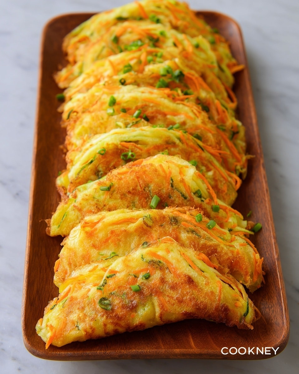 Long white rectangular platter filled with an entire row of fluffy golden-orange Korean-style vegetable pancakes, each perfectly folded in half and packed with finely shredded carrot, zucchini, and green onion visible through the tender exterior, presented on a white marble countertop with natural light enhancing the warm tones and soft crisp edges, professional food magazine style photo taken with an iphone --ar 4:5 --v 7