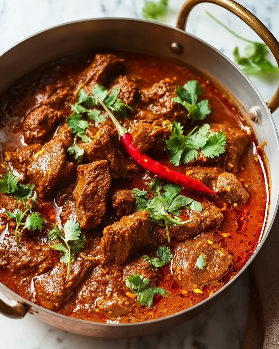 Large white metal pan filled with rich, vibrant beef curry, showcasing tender chunks of beef enveloped in thick, aromatic reddish-brown gravy, garnished with fresh cilantro leaves and a whole red chili pepper, whole dish photographed at a 3/4 angle on a white marble countertop, natural lighting, professional food styling, hero shot from a food magazine, photo taken with an iphone --ar 4:5 --v 7