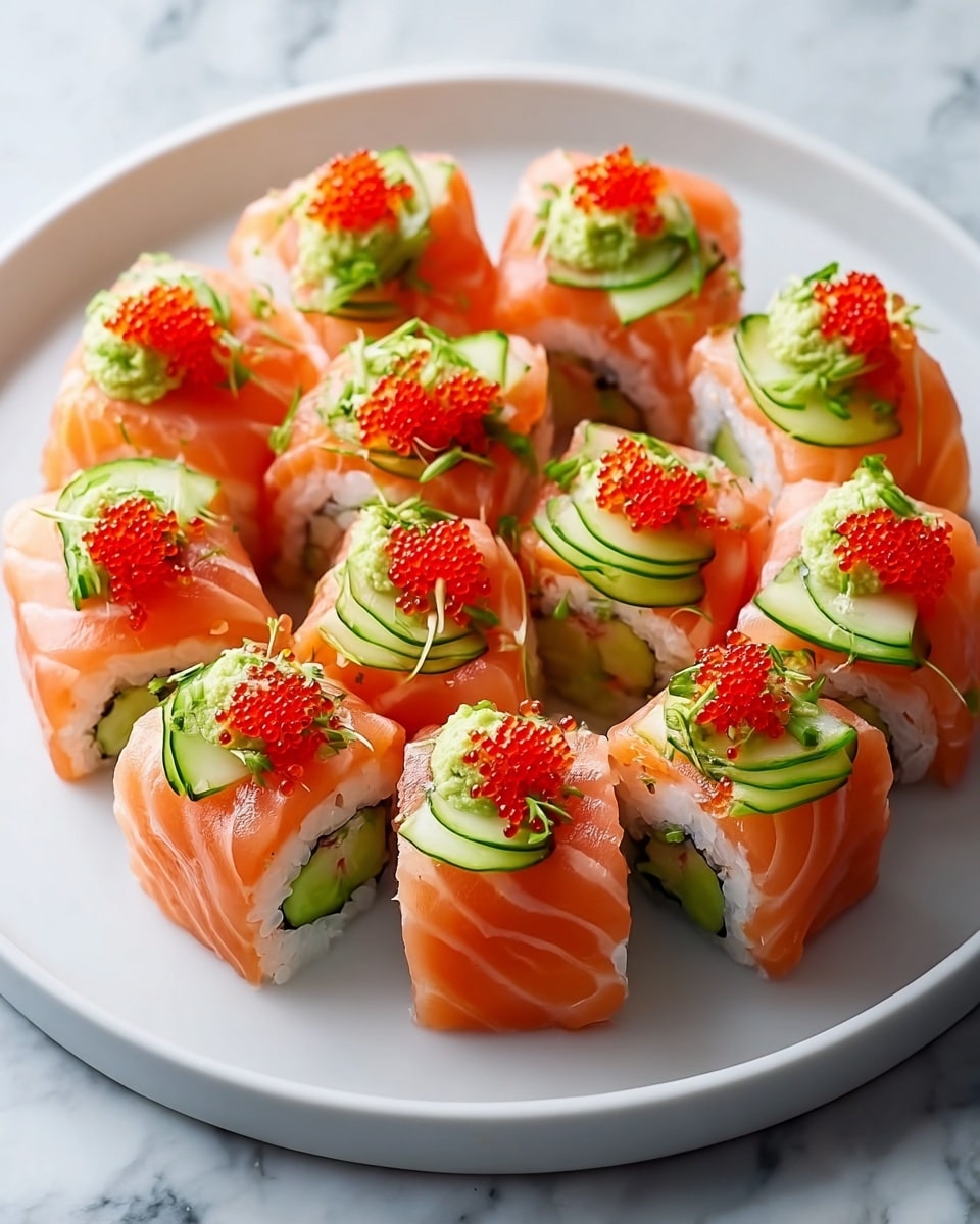 Complete ring of fresh salmon sushi rolls neatly arranged on a large white circular plate, each piece wrapped with perfectly sliced raw salmon, topped with thinly sliced cucumber, vibrant green chives, bright red fish roe, and small dollops of wasabi, captured from a 3/4 angle with natural lighting on a white marble countertop, styled as a professional hero food magazine shot, photo taken with an iphone --ar 4:5 --v 7