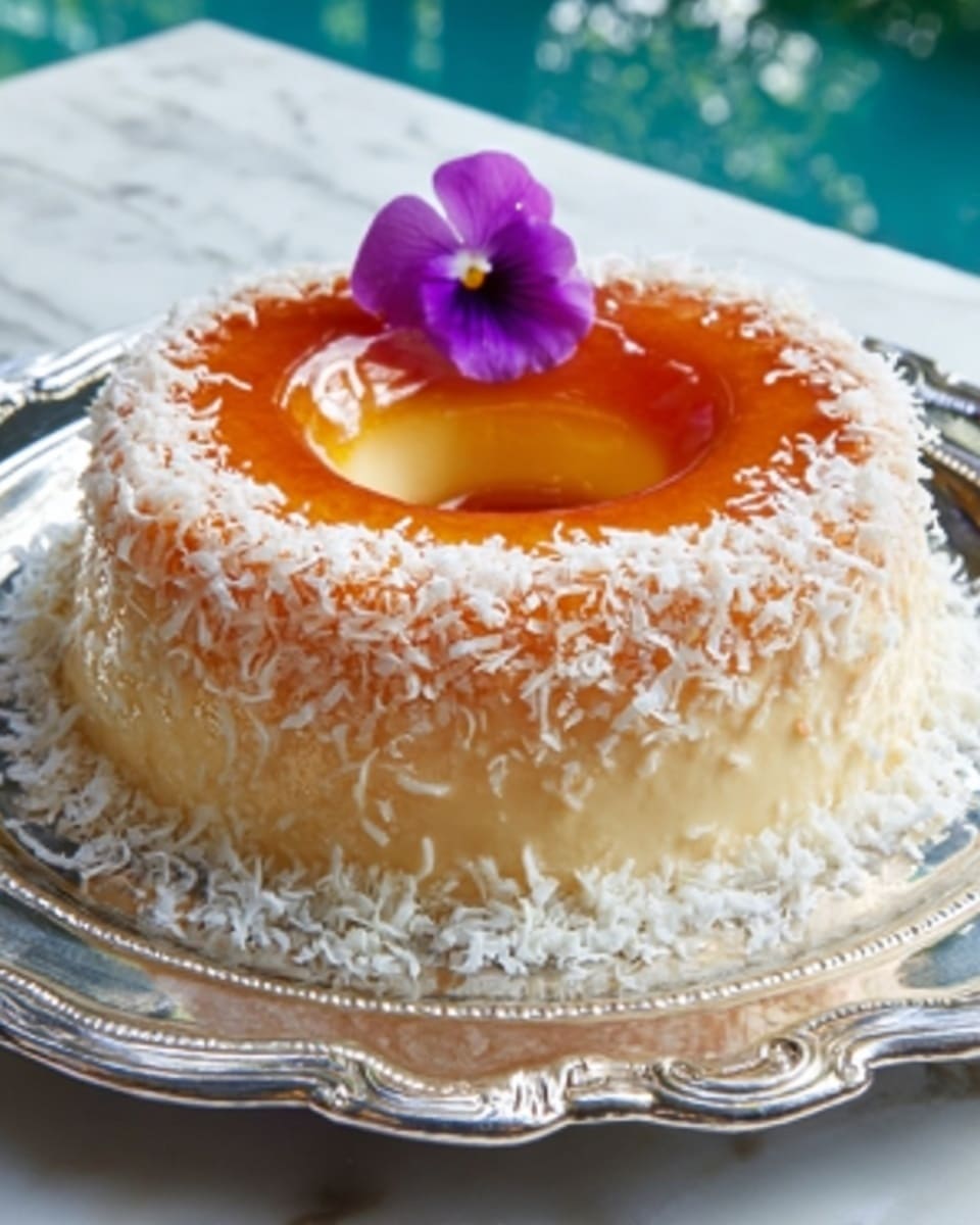 A whole, uncut flan ring presented on an ornate silver platter, featuring a smooth, shiny caramel glaze topping the creamy custard base, surrounded by a generous border of freshly shredded coconut flakes, and adorned with a single delicate purple edible flower in the center, all set on a pristine white marble surface with natural lighting, captured in a professional 3/4 angle food magazine style shot, photo taken with an iphone --ar 4:5 --v 7
