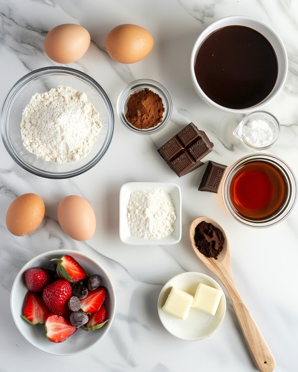 Single white plate holding one chocolate cupcake portion with a rich molten chocolate center revealing a luscious strawberry filling inside, topped with a smooth swirl of glossy chocolate ganache and a fresh whole strawberry, close-up angle capturing the moist texture of the cake and the shiny chocolate drizzle, natural light highlighting the dessert’s layers and contrast, set on a clean white marble surface, styled like a food blog individual serving photo taken with an iphone --ar 4:5 --v 7