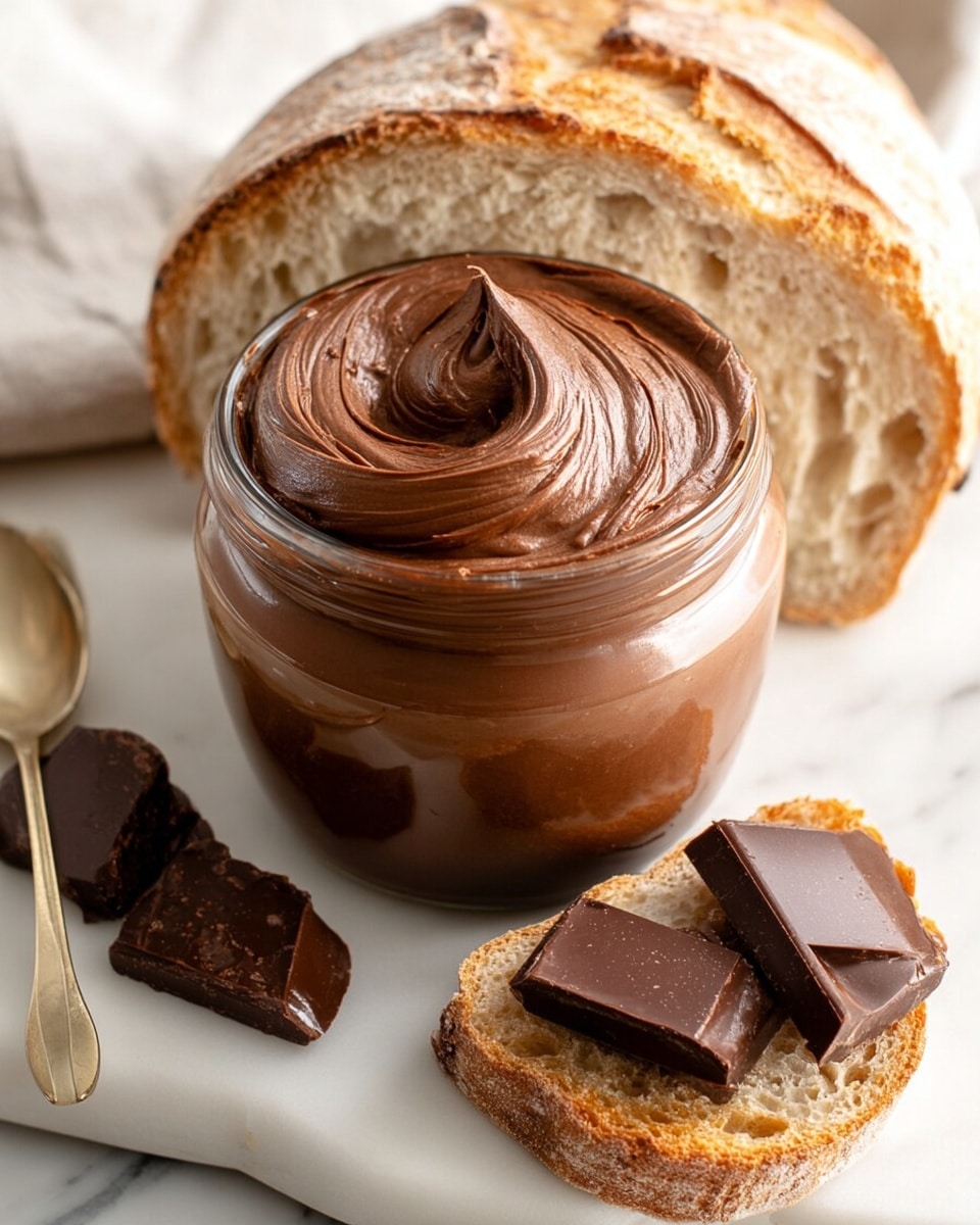 Large white jar filled with rich, creamy chocolate spread swirled smoothly on top, accompanied by several pieces of dark chocolate and a whole loaf of rustic artisan bread with a crunchy crust and airy crumb, all arranged on a clean white marble countertop, professional food styling with natural light, full and pristine presentation photo taken with an iphone --ar 4:5 --v 7
