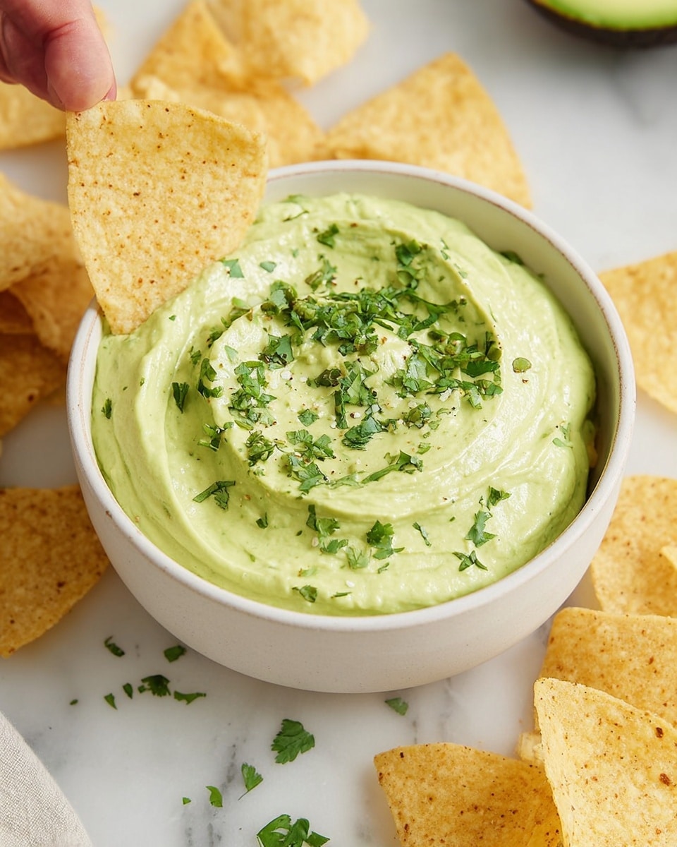 Large white bowl filled with creamy, smooth avocado cilantro dip garnished with finely chopped fresh cilantro, surrounded by numerous crisp tortilla chips scattered on a white marble countertop, natural lighting highlighting the dip’s vibrant green color, professional food magazine hero shot photo taken with an iphone --ar 4:5 --v 7