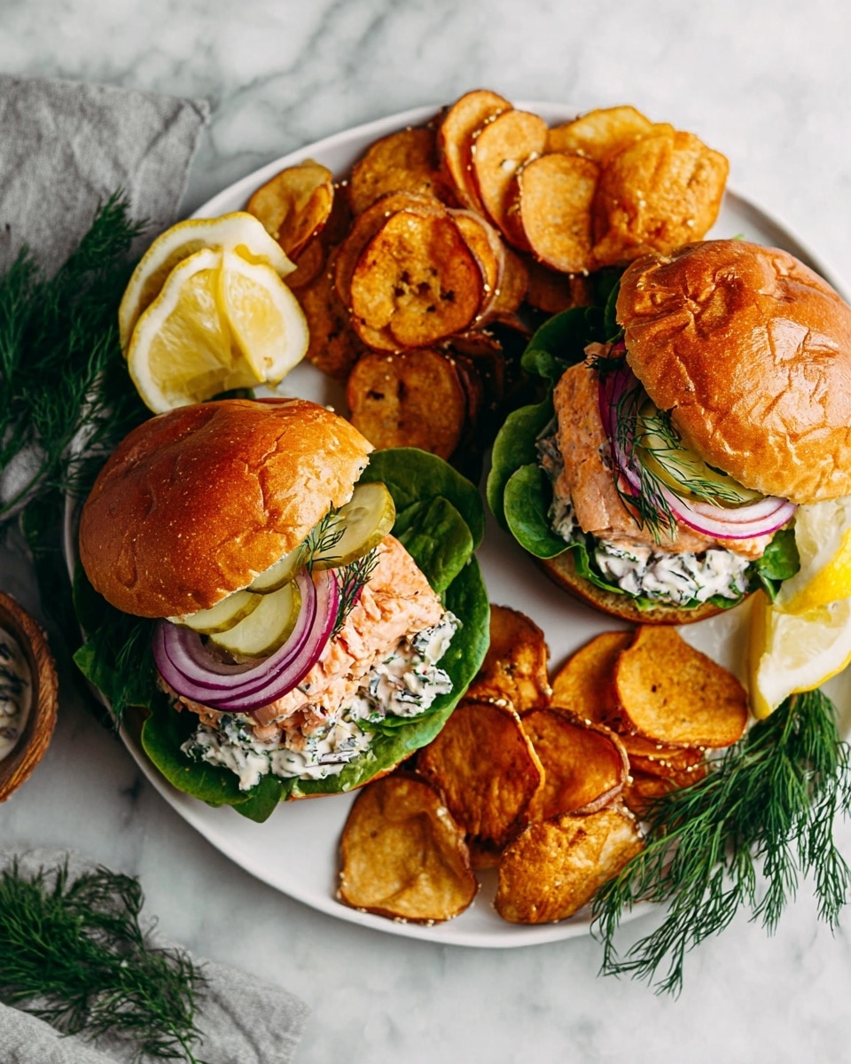 Two whole white plates each filled with a pair of complete salmon burgers in soft golden buns, layered with fresh green lettuce, creamy sauce, pickle slices, thinly sliced red onion, and sprinkled with fresh dill, accompanied by generous piles of seasoned pretzel chips, plates arranged on a white marble countertop with natural lighting, styled as a professional overhead food magazine hero shot photo taken with an iphone --ar 4:5 --v 7