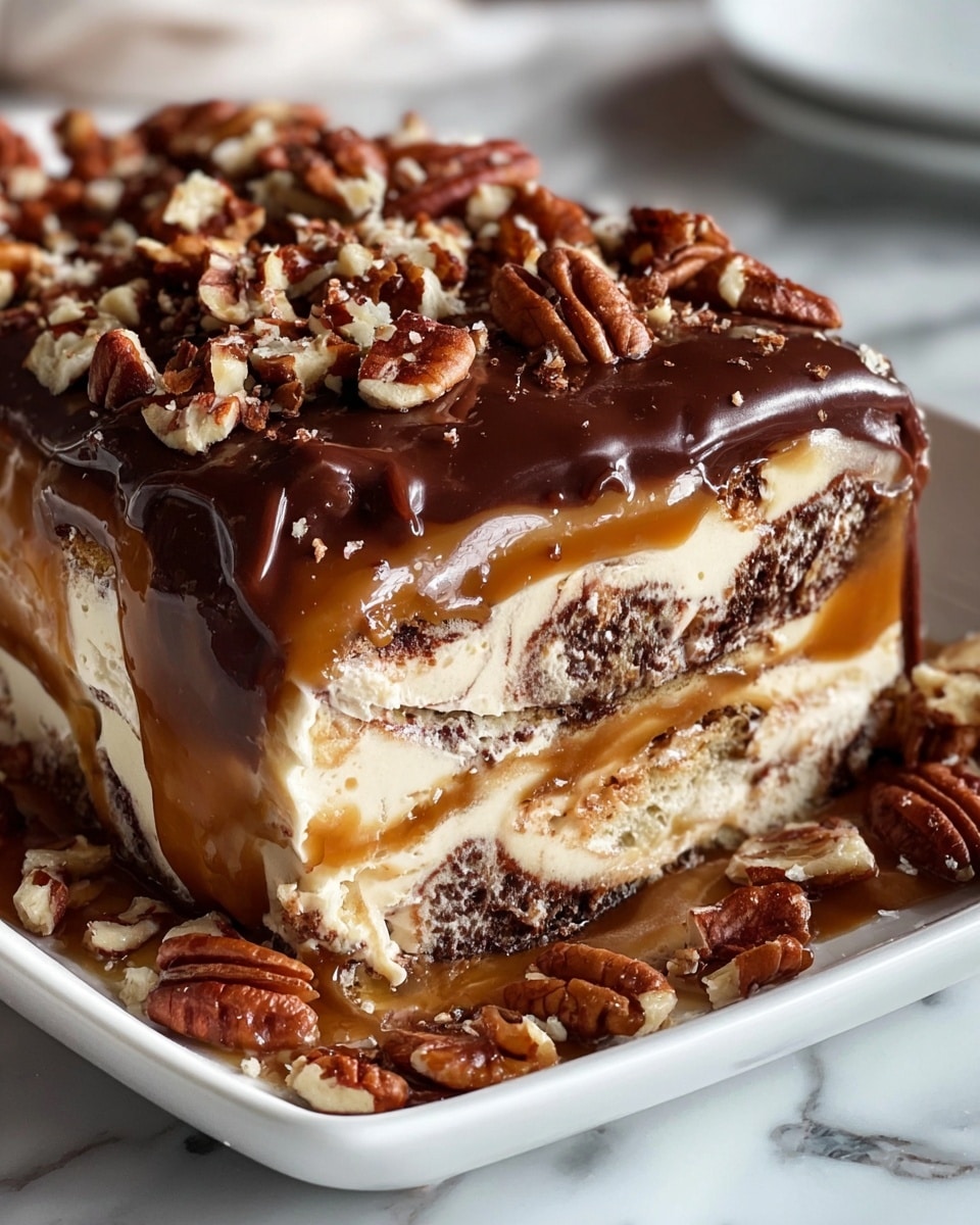 Whole rectangular white serving dish filled with a luscious layered dessert featuring rich caramel and thick glossy chocolate ganache topping, generously sprinkled with crunchy pecan halves, the dessert presenting multiple layers of creamy filling and moist cake within visible swirls of chocolate and caramel, entire dish shown from a 3/4 angle on a white marble countertop with natural lighting, styled as a professional food magazine hero shot, photo taken with an iphone --ar 4:5 --v 7