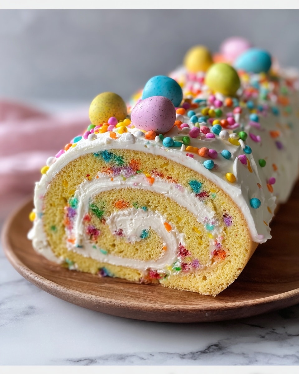 Whole funfetti Swiss roll cake displayed on a simple white plate, featuring a light yellow sponge cake with colorful sprinkles baked into the batter, generously coated in smooth white frosting and topped with vibrant multicolored round sprinkles and pastel candy eggs, captured from a 3/4 angle on a white marble countertop with natural lighting, styled as a professional food magazine hero shot, photo taken with an iphone --ar 4:5 --v 7