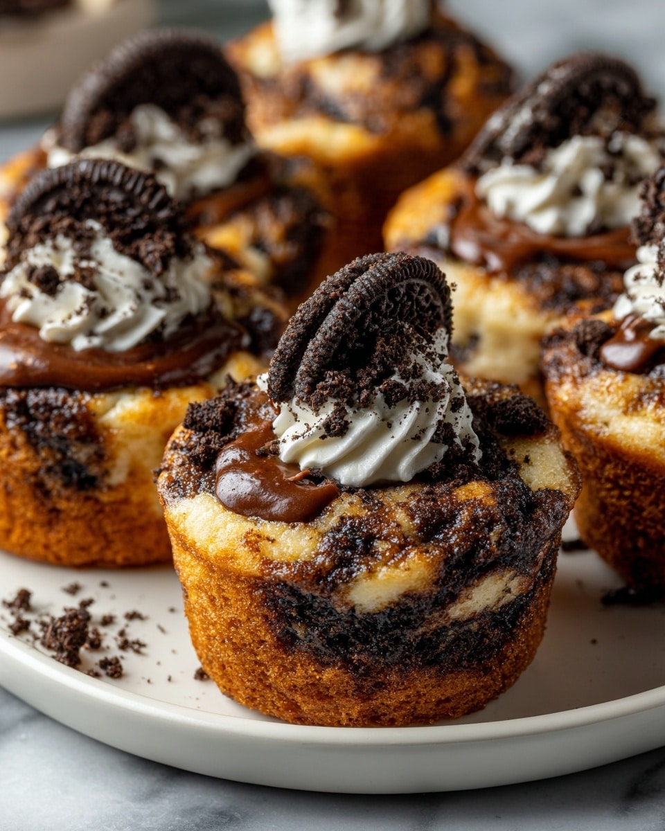 A white plate featuring a full batch of freshly baked Oreo cream cheese muffins arranged closely together, each muffin showcasing a golden-brown crust with marbled swirls of creamy cheesecake and rich chocolate batter, topped with a dollop of glossy chocolate sauce, whipped cream, Oreo cookie halves, and sprinkled with crushed Oreo crumbs, photographed from a close 3/4 angle on a white marble countertop, natural lighting highlighting the textures and vibrant contrast, professional food styling photo taken with an iphone --ar 4:5 --v 7