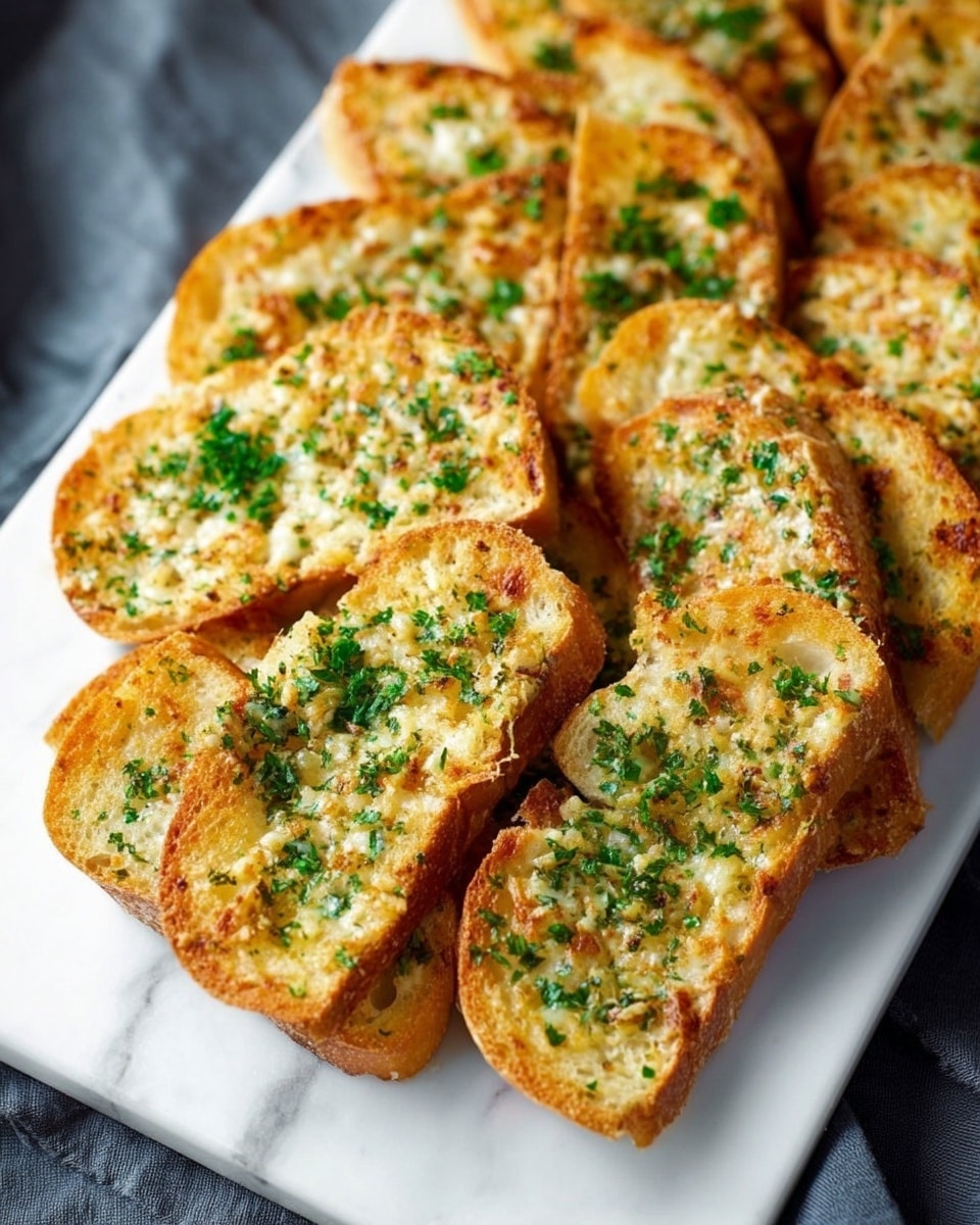 A large white rectangular serving platter filled with an abundant arrangement of golden-brown toasted garlic bread slices topped with melted cheese and finely chopped fresh parsley, the whole dish presented in an inviting and uniform layout on a white marble surface, captured in natural lighting from a 3/4 angle to highlight the crispy edges and cheesy texture, professional food styling photo taken with an iphone --ar 4:5 --v 7