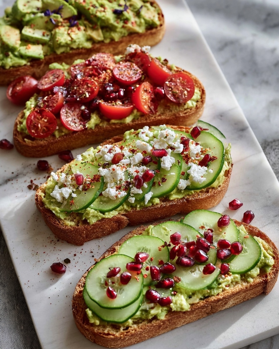Large white rectangular platter filled with four whole slices of assorted avocado toast, each slice generously layered with mashed avocado and topped with vibrant fresh ingredients including cherry tomatoes and cucumber rounds, thinly sliced cucumber with seasoning, creamy cheese crumbles with bright red pomegranate seeds, and avocado seasoned with red chili flakes, arranged neatly on a white marble surface with natural lighting, professional food magazine style hero shot, photo taken with an iphone --ar 4:5 --v 7