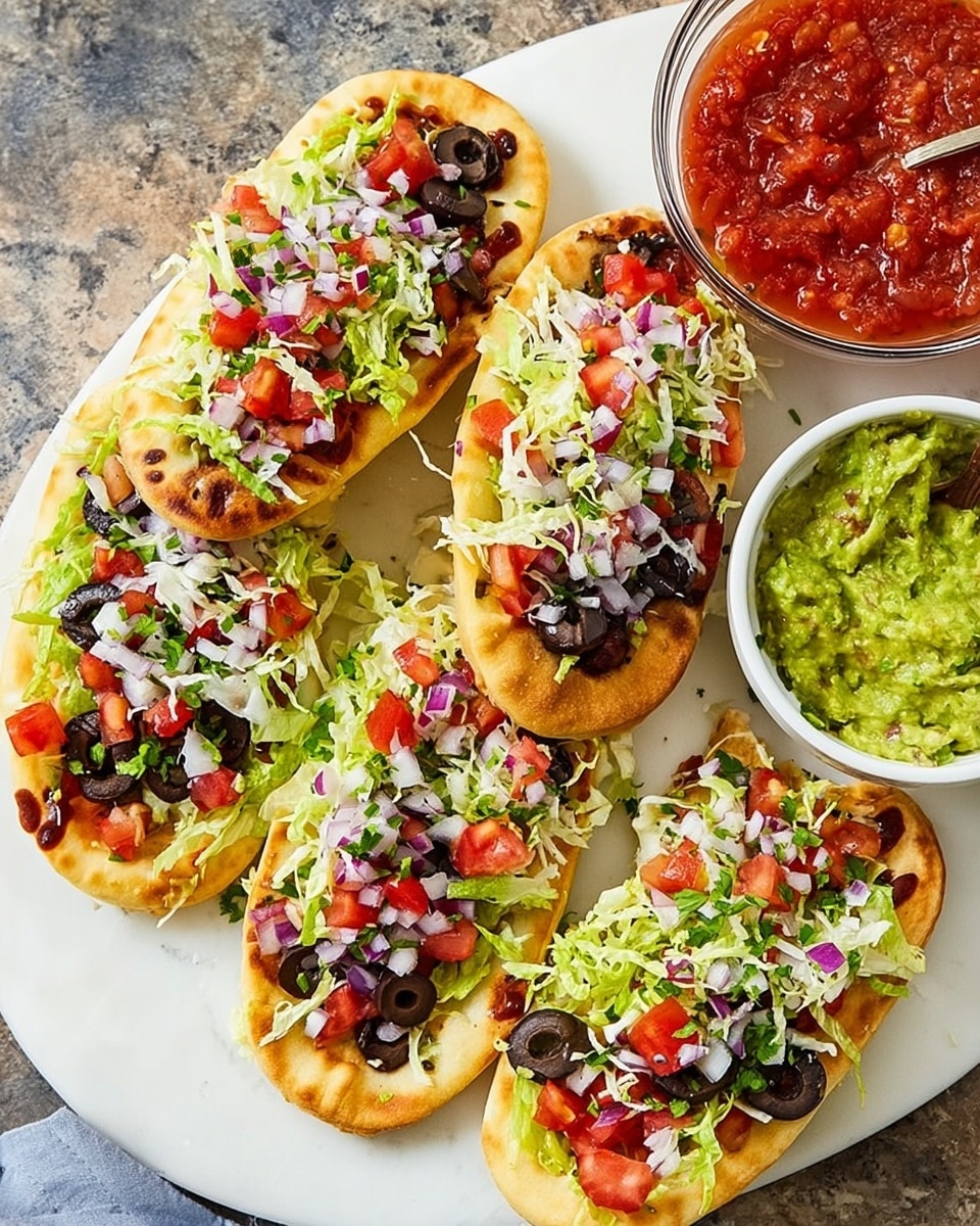 A white platter arranged with multiple full Indian-style stuffed flatbreads, each loaded with fresh finely shredded lettuce, diced tomatoes, chopped red onions, sliced black olives, and sprinkled shredded cheese, accompanied by a generous bowl of vibrant red salsa and another bowl of green guacamole, all presented on a white marble countertop with natural lighting, professional food magazine hero shot, photo taken with an iphone --ar 4:5 --v 7