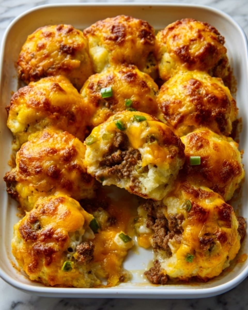 A large white rectangular baking dish filled with golden, baked cheesy stuffed mashed potato balls, each perfectly rounded and generously filled with seasoned ground beef and melted cheddar cheese oozing slightly, topped with melted cheese and sprinkled with diced green peppers, all arranged neatly in the dish, photographed from a 3/4 angle on a white marble surface under natural lighting, styled for a premium food magazine hero shot, photo taken with an iphone --ar 4:5 --v 7