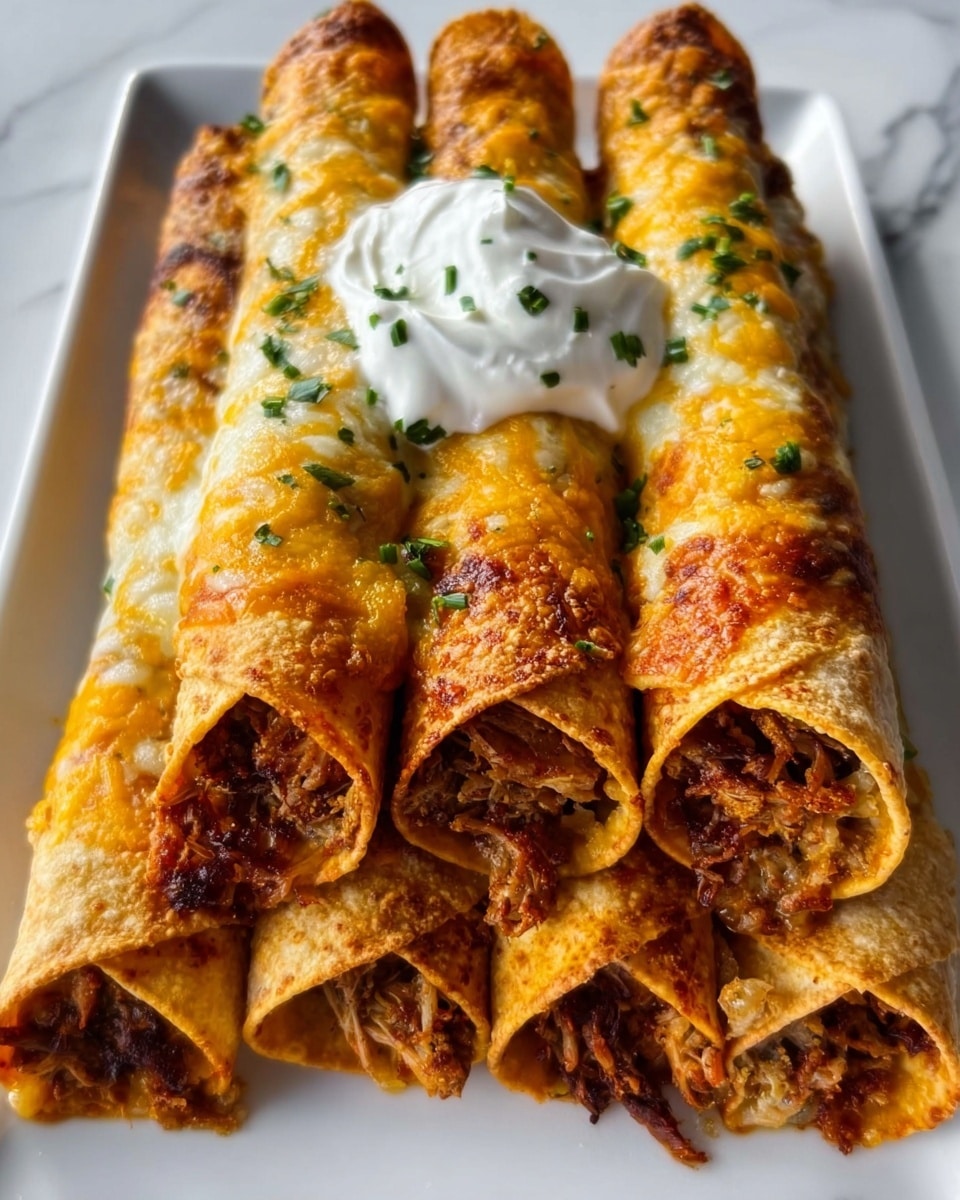 A large white rectangular platter showcasing a full batch of golden, crispy rolled taquitos tightly arranged in two neat rows, each filled generously with a savory mixture of seasoned shredded meat and melted cheese, topped with a dollop of creamy sour cream on the side, all set on a white marble countertop with natural lighting highlighting the textures and colors, professional food styling, photo taken with an iphone --ar 4:5 --v 7