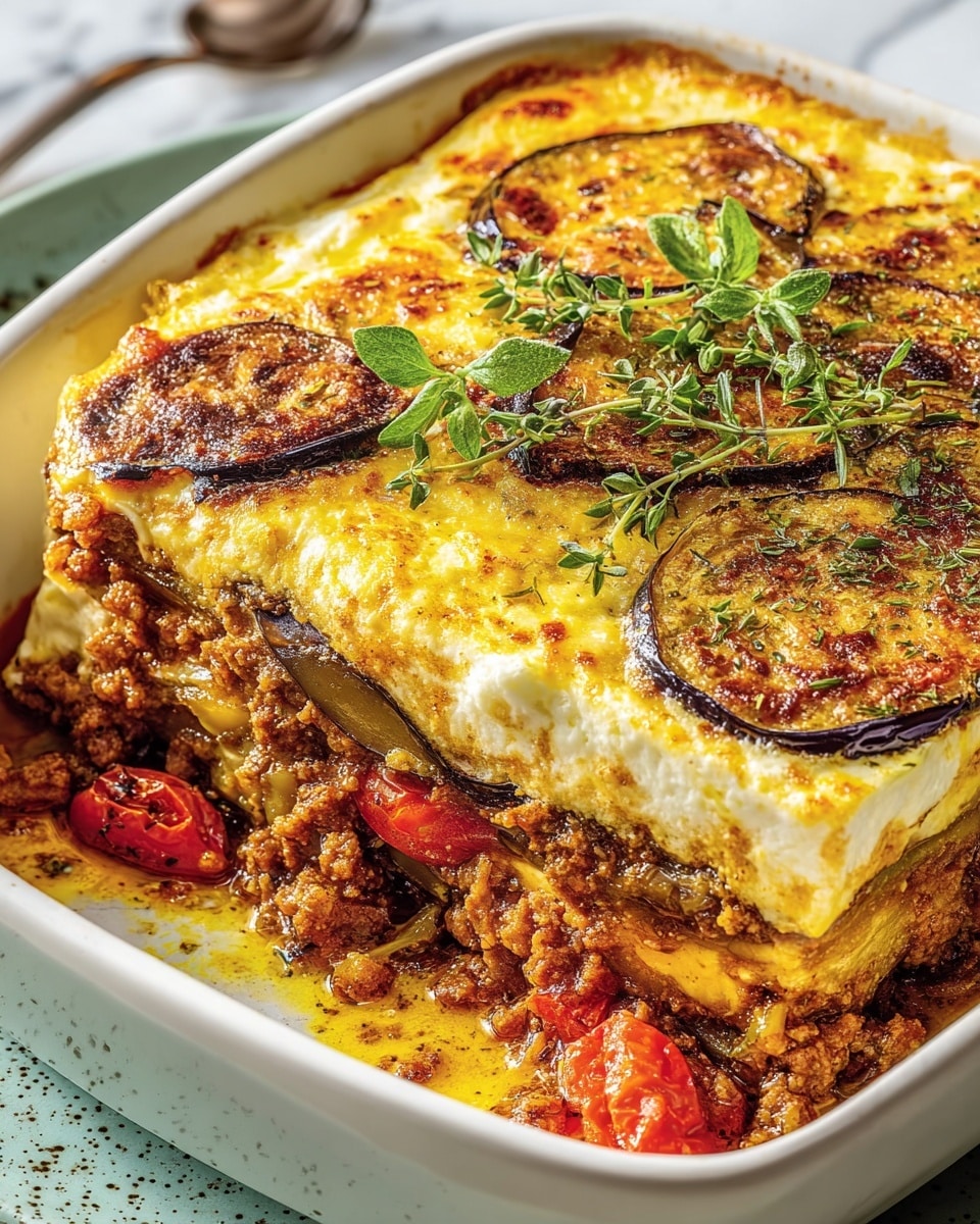 Large white rectangular baking dish filled with an entire traditional moussaka, showcasing golden, bubbling béchamel sauce layered over tender roasted eggplant slices and seasoned ground meat mixture with visible roasted tomatoes and herbs, garnished with fresh oregano sprigs on top, captured from a 3/4 angle with natural lighting on a white marble countertop, professional food magazine hero shot photo taken with an iphone --ar 4:5 --v 7