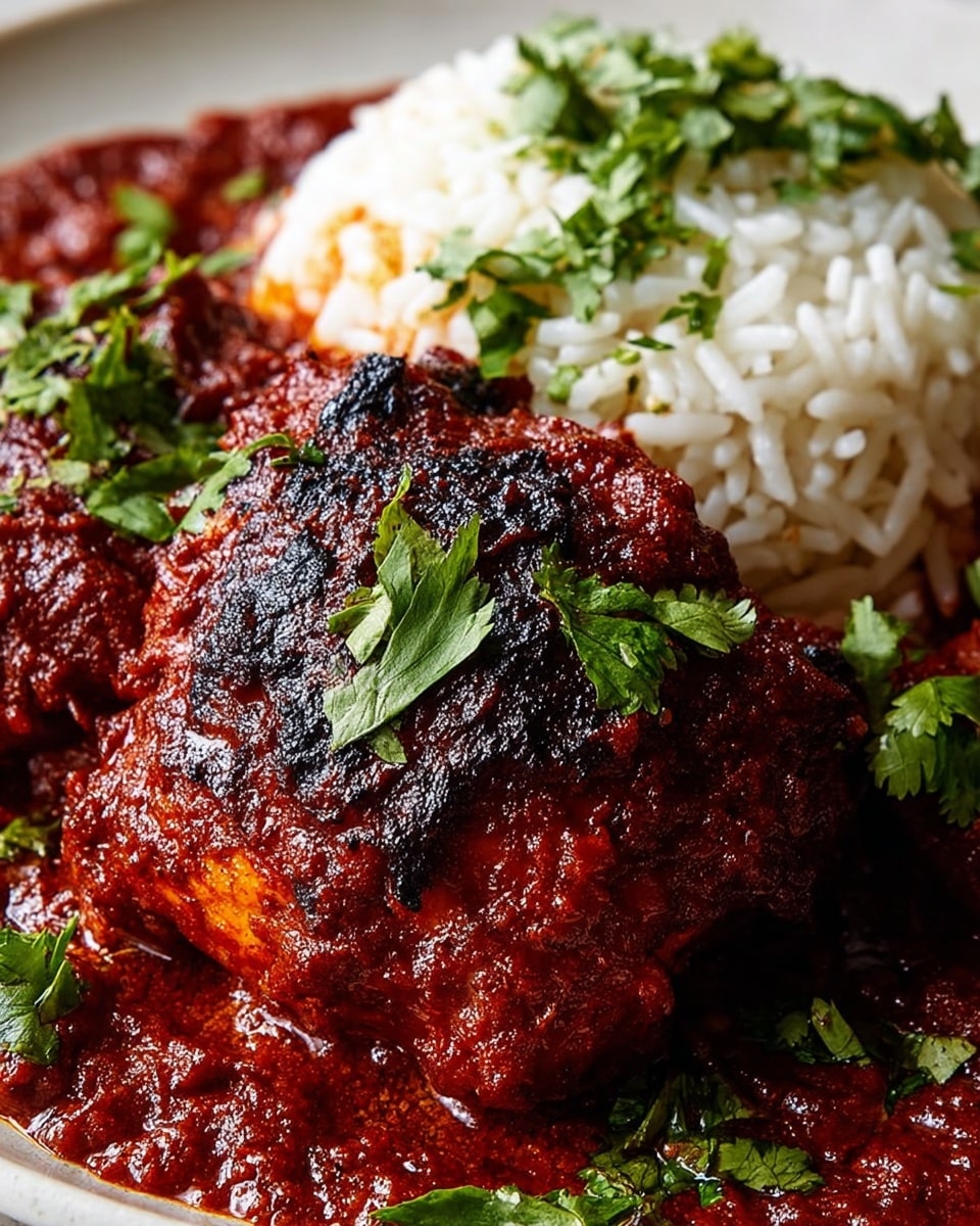 Large white oval serving platter filled with multiple pieces of richly spiced chicken smothered in a thick, vibrant red mole sauce, each piece perfectly coated and nestled beside a generous bed of fluffy white rice. The dish is garnished with a generous handful of fresh, bright green chopped cilantro leaves scattered across the top, creating a striking contrast against the deep red sauce. The entire presentation is photographed from a slightly angled 3/4 view on a white marble surface, illuminated by soft natural lighting, styled professionally like a high-end food magazine hero shot. Photo taken with an iphone --ar 4:5 --v 7