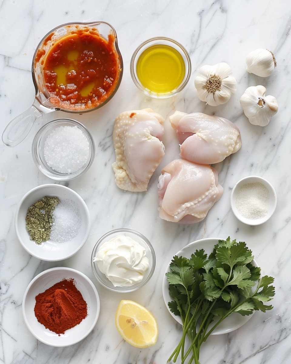 Single white plate showcasing one portion of grilled chicken thigh with charred, smoky skin glistening from a spicy marinade, topped with a dollop of creamy green herb sauce and freshly chopped cilantro, accompanied by lemon wedges on the side, close-up angled shot emphasizing the texture of the juicy interior and the flavorful crust, natural light highlighting the vibrant colors, styled on a white marble surface, intimate plated serving photo taken with an iphone --ar 4:5 --v 7