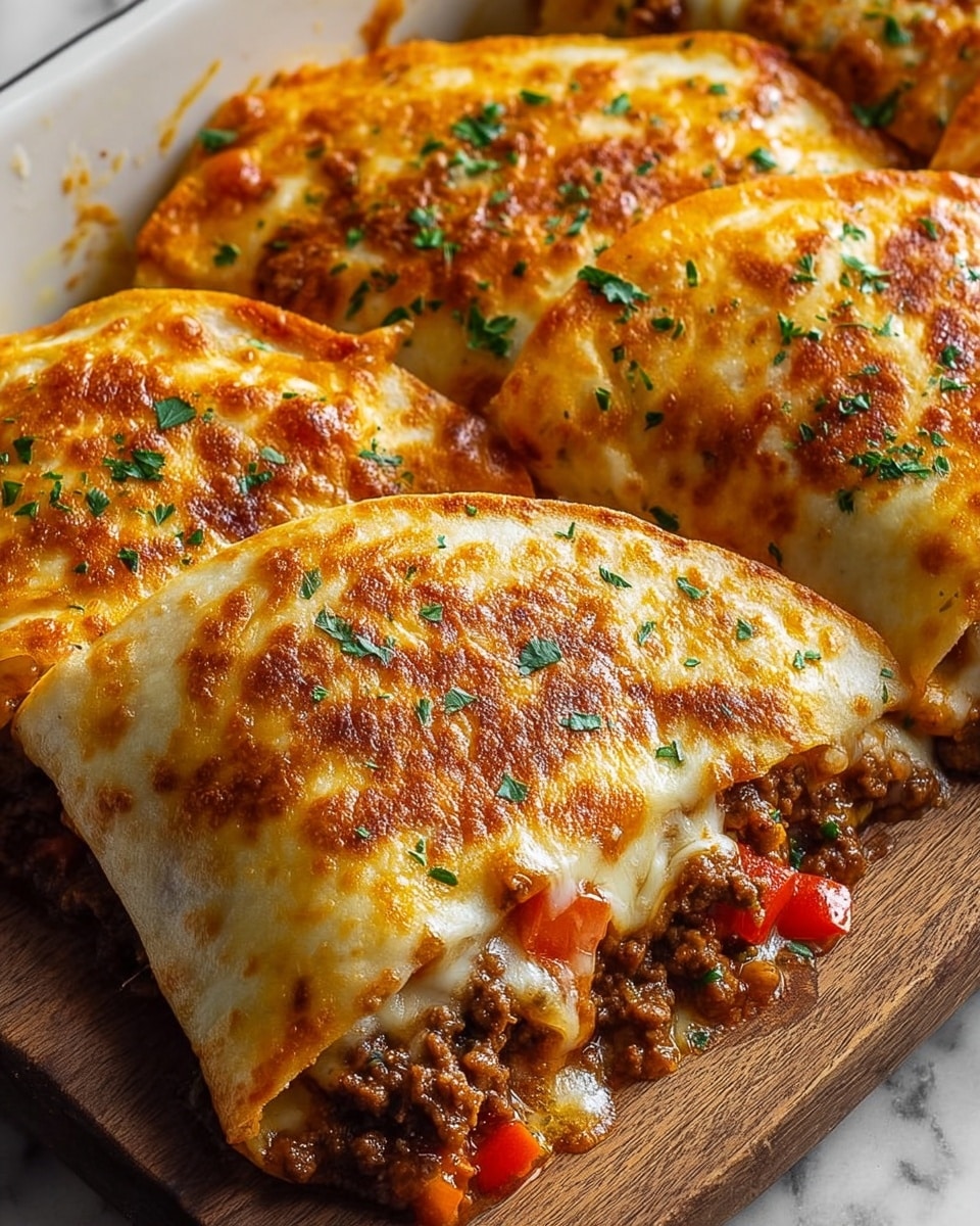 Large white rectangular baking dish filled with freshly baked cheesy beef and pepper quesadillas, featuring golden melted cheese bubbling over tender tortillas stuffed with seasoned ground beef and diced red bell peppers, sprinkled with fresh chopped parsley, photographed from a 3/4 angle on white marble countertop with natural lighting, styled as a professional food magazine hero shot, photo taken with an iphone --ar 4:5 --v 7