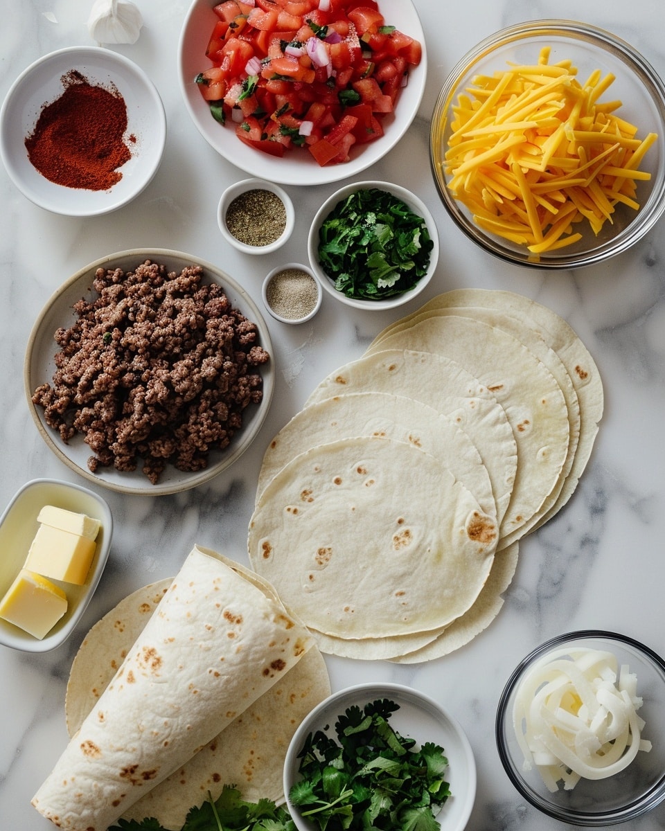 Single white plate presenting one generous savory folded taco quesadilla quarter, angled to reveal the interior layered with melted cheddar and mozzarella cheese, seasoned ground beef mixed with finely diced red peppers, and a crisp, golden-browned tortilla exterior sprinkled with fresh chopped parsley, all set on a white marble surface under natural lighting, styled as a ready-to-eat plated serving, photo taken with an iphone --ar 4:5 --v 7
