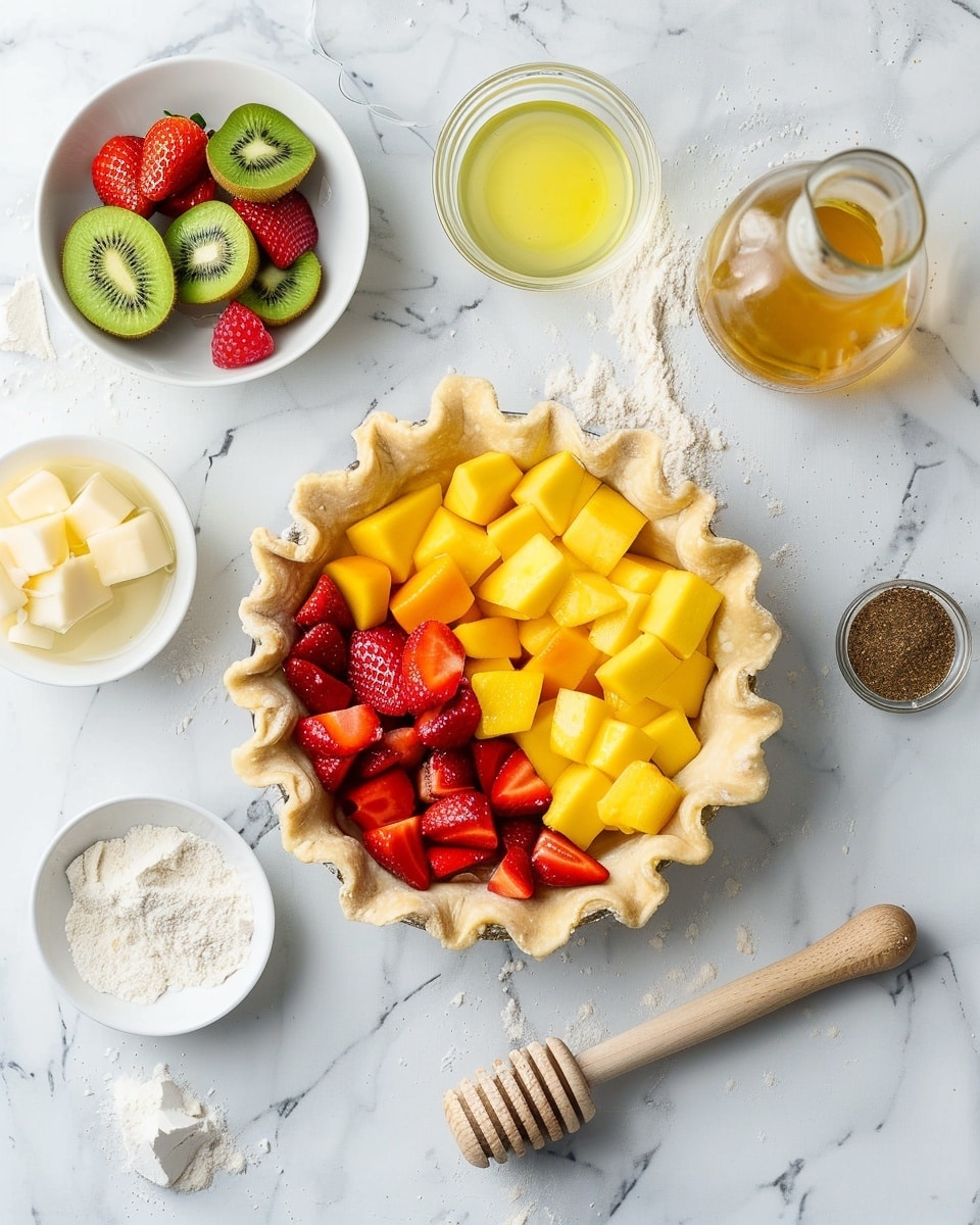 Single slice of fresh fruit tart displayed on a pristine white plate, showcasing a glossy, vibrant topping of sliced strawberries, kiwi, and mango layered over a creamy custard filling and a crisp, golden tart crust, angled to reveal the smooth interior textures and the delicate pastry edges, freshly served on a white marble background under natural lighting, styled as a refined individual dessert portion, photo taken with an iphone --ar 4:5 --v 7