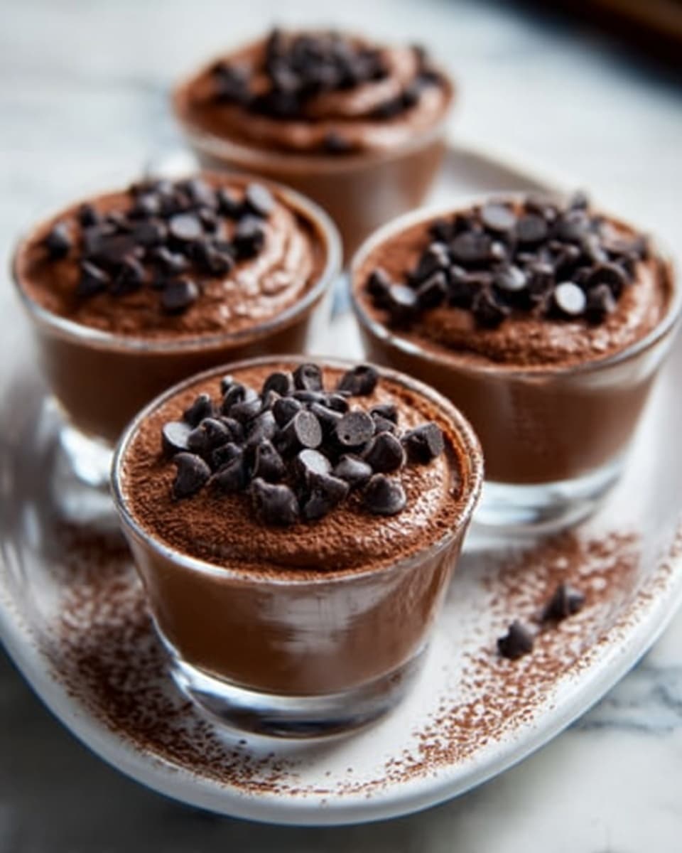 A pristine white serving tray holding a set of four perfectly formed glass ramekins filled with rich, creamy chocolate mousse topped generously with glossy dark chocolate chips and a light dusting of cocoa powder, showcased together as a complete group on a smooth white marble surface with soft, natural lighting enhancing the mousse's silky texture and the shine of the chocolate chips, styled as a hero food magazine shot from a 3/4 angle, photo taken with an iphone --ar 4:5 --v 7