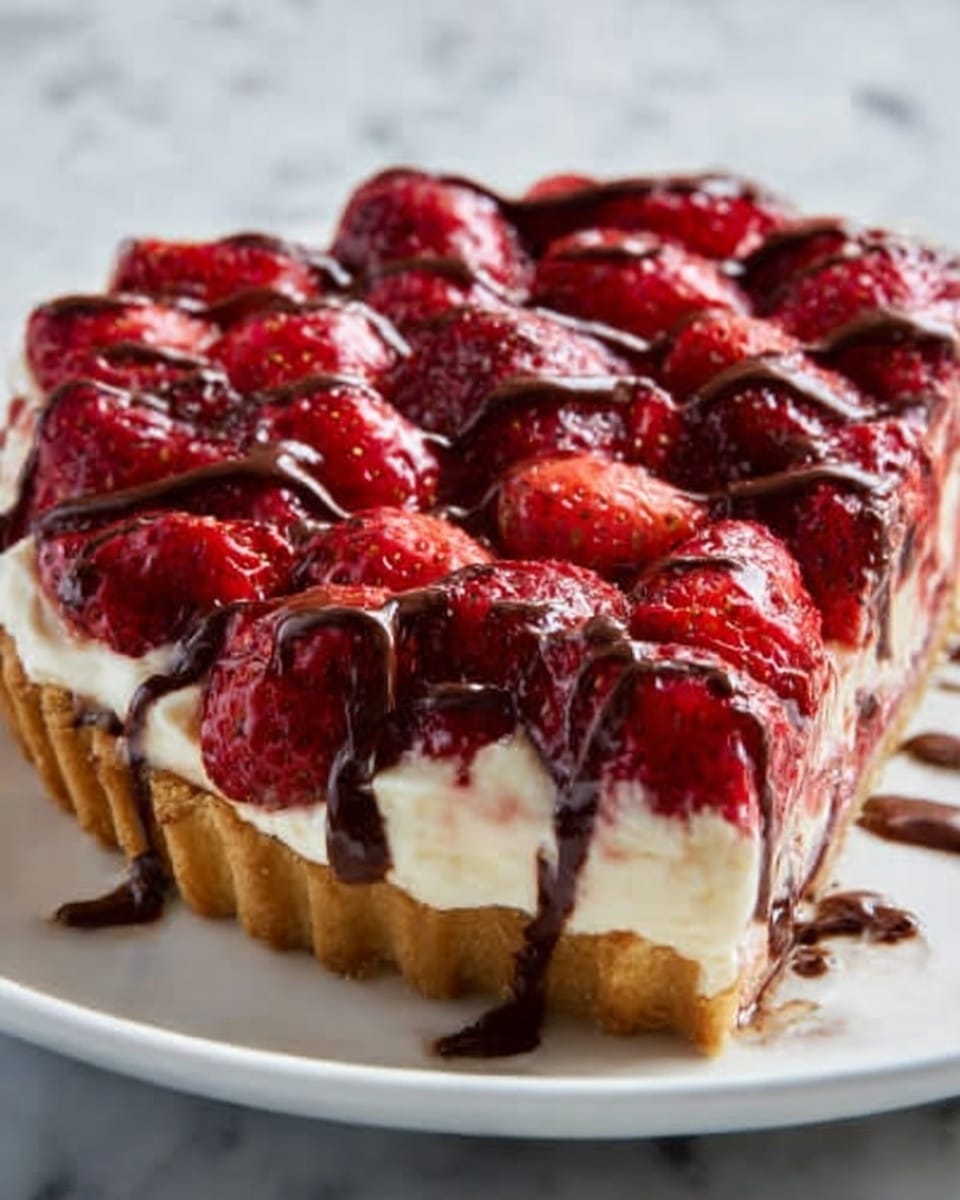 Whole strawberry cream tart presented on a pristine white plate, featuring a golden, crisp crust filled generously with smooth, fluffy vanilla cream, topped with an abundant layer of fresh, vibrant red strawberries, each glazed to a shiny perfection. Drizzled elegantly with rich dark chocolate, the entire tart is styled on a white marble surface with natural lighting, capturing a professional 3/4 angle hero shot ideal for a food magazine spread. Photo taken with an iphone --ar 4:5 --v 7