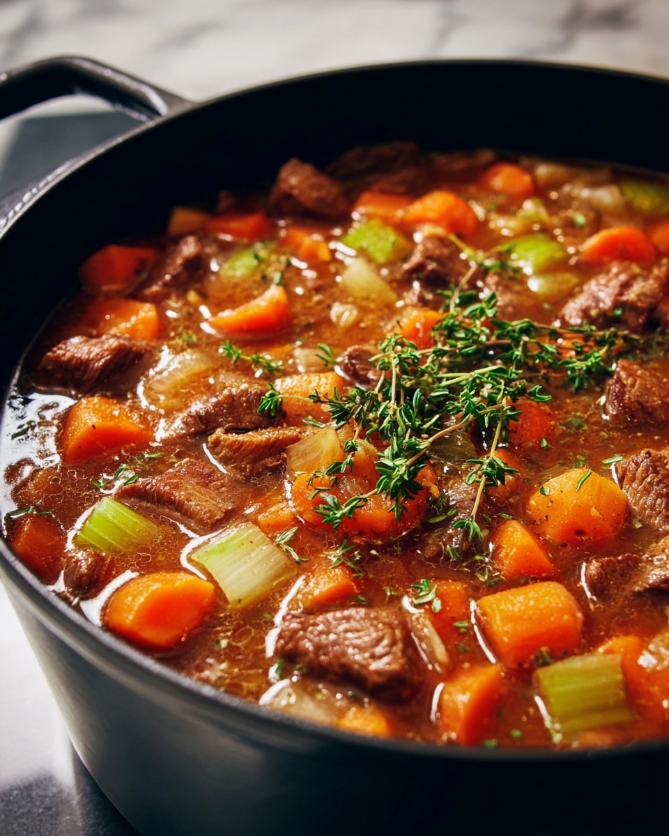 Large black cooking pot filled with hearty beef stew, brimming with tender chunks of beef, vibrant orange carrot pieces, crisp celery, and translucent onion in a rich, savory broth, garnished with fresh sprigs of thyme, whole dish photographed from a professional 3/4 angle on white marble countertop with natural lighting, styled like a hero shot from a food magazine, photo taken with an iphone --ar 4:5 --v 7