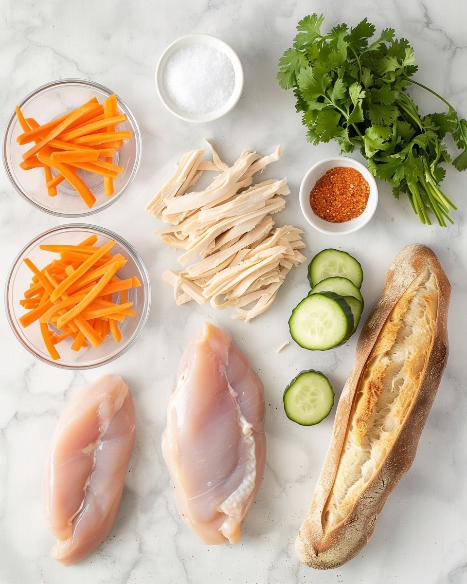 Single white plate holding one sliced portion of a Vietnamese banh mi sandwich, angled close-up showcasing a crisp baguette with a visible interior crumb texture, stuffed with layers of charred grilled chicken pieces, fresh cucumber slices, vibrant julienned pickled carrots and daikon, fresh cilantro leaves, and finely chopped green onions, all highlighting the colorful contrast and textures within, placed on a white marble surface under natural lighting, styled like a food blog individual serving photo taken with an iphone --ar 4:5 --v 7