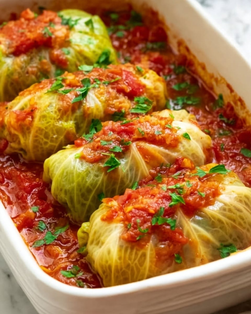 A large white rectangular baking dish filled with multiple vibrant cabbage rolls neatly arranged side by side, each generously stuffed and wrapped in tender, translucent cabbage leaves, bathed in rich, chunky tomato sauce with visible herbs and finely chopped vegetables, sprinkled with fresh chopped parsley, shot from a 3/4 angle to capture the entire dish on a white marble countertop under natural lighting, styled like a professional food magazine hero photo, photo taken with an iphone --ar 4:5 --v 7