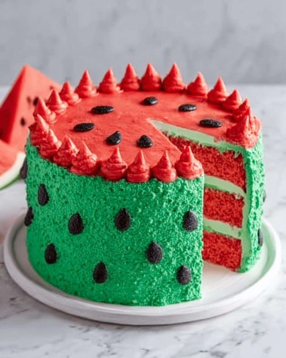 A perfectly frosted whole round watermelon-themed cake, completely intact and uncut, featuring vibrant green frosting textured like a watermelon rind around the sides and top. The top is expertly decorated with red frosting emulating watermelon flesh, adorned with evenly spaced small black frosting seeds and delicate red cone-shaped dollops around the edges. The entire cake sits on a white serving plate, captured from a 3/4 angle to showcase the full round shape and intricate decoration, set against a white marble background with natural lighting, styled like a hero shot from a food magazine. Photo taken with an iPhone --ar 4:5 --v 7