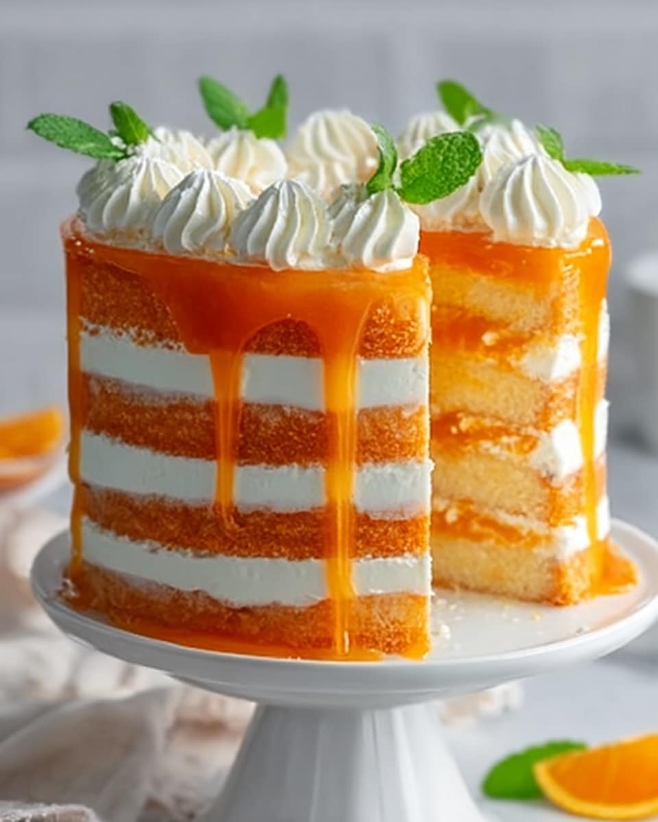 A whole, uncut tall layered orange cake presented on a pristine white round cake stand, featuring multiple moist sponge layers alternated with creamy white frosting and a vibrant, glossy orange curd filling visible between the layers, topped with a smooth layer of white frosting, delicate piped swirls, a drizzle of bright orange glaze, and fresh green mint leaves for decoration, styled with a soft natural light on a white marble surface, photographed from a professional 3/4 angle, capturing the entire cake in frame as a hero food magazine shot, photo taken with an iphone --ar 4:5 --v 7