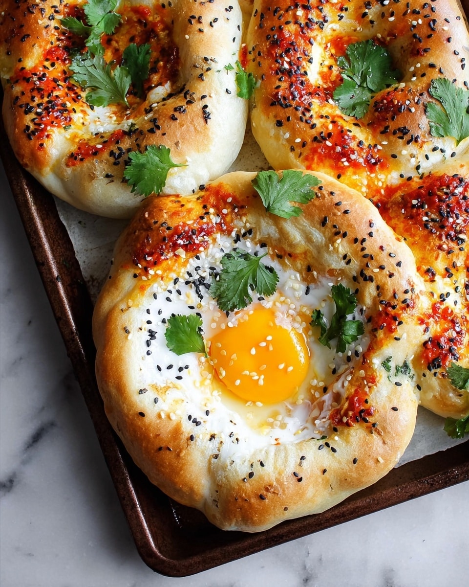 White baking tray filled with several fresh, puffy khachapuri breads topped with golden yolk eggs, sprinkled with black sesame seeds and garnished with bright green cilantro leaves, showcasing the entire batch arranged together, shot from a 3/4 angle on a white marble background with natural lighting, styled like a hero food magazine photo taken with an iphone --ar 4:5 --v 7