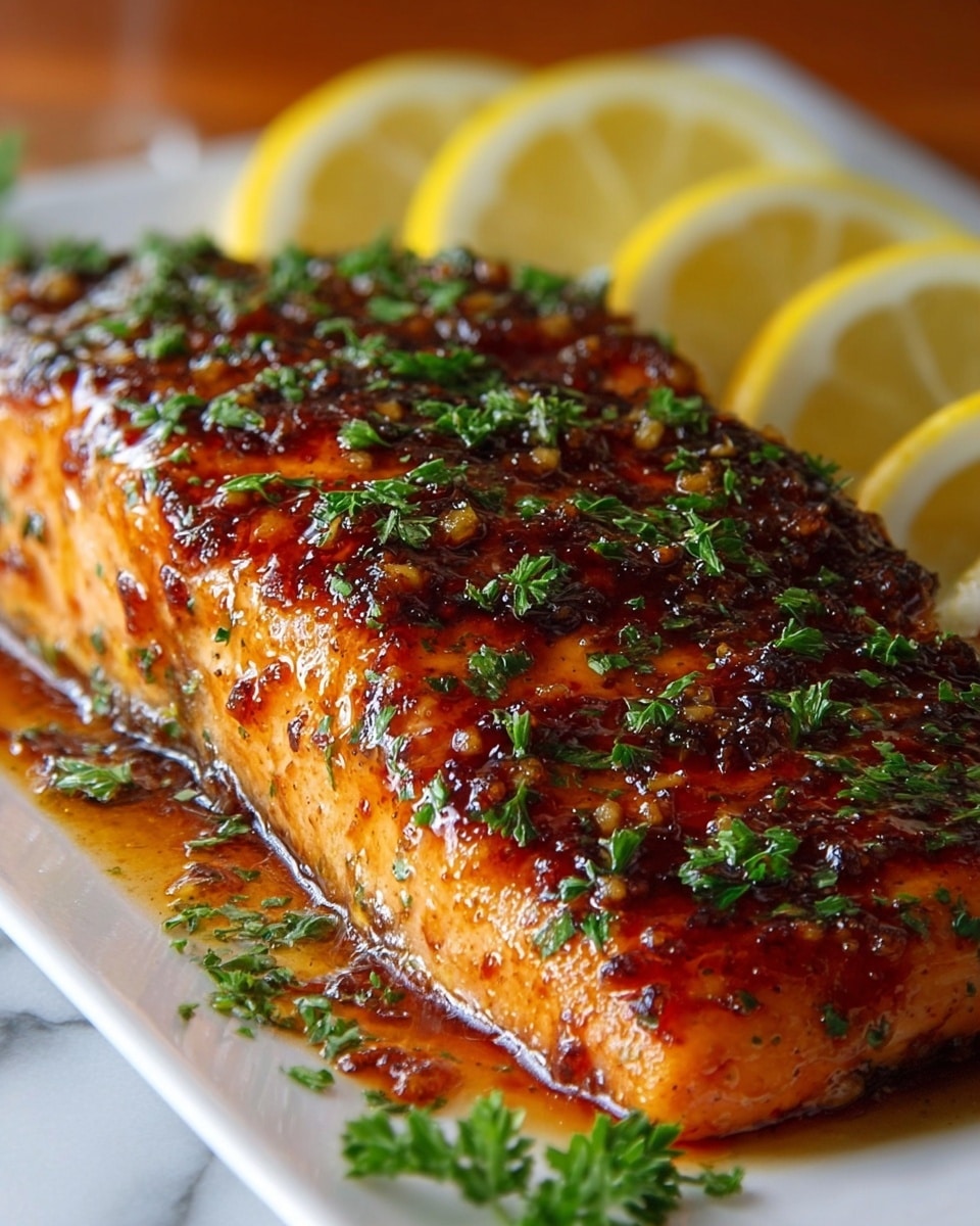 A large white rectangular serving platter showcasing a whole perfectly glazed baked salmon fillet with a rich, shiny honey garlic sauce generously coating the entire surface, sprinkled with finely chopped fresh parsley, garnished with several lemon wedges arranged neatly alongside the fish, photographed from a slightly angled close-up on a white marble countertop with natural lighting, capturing the vibrant colors and textures in a professional food magazine style hero shot, photo taken with an iphone --ar 4:5 --v 7